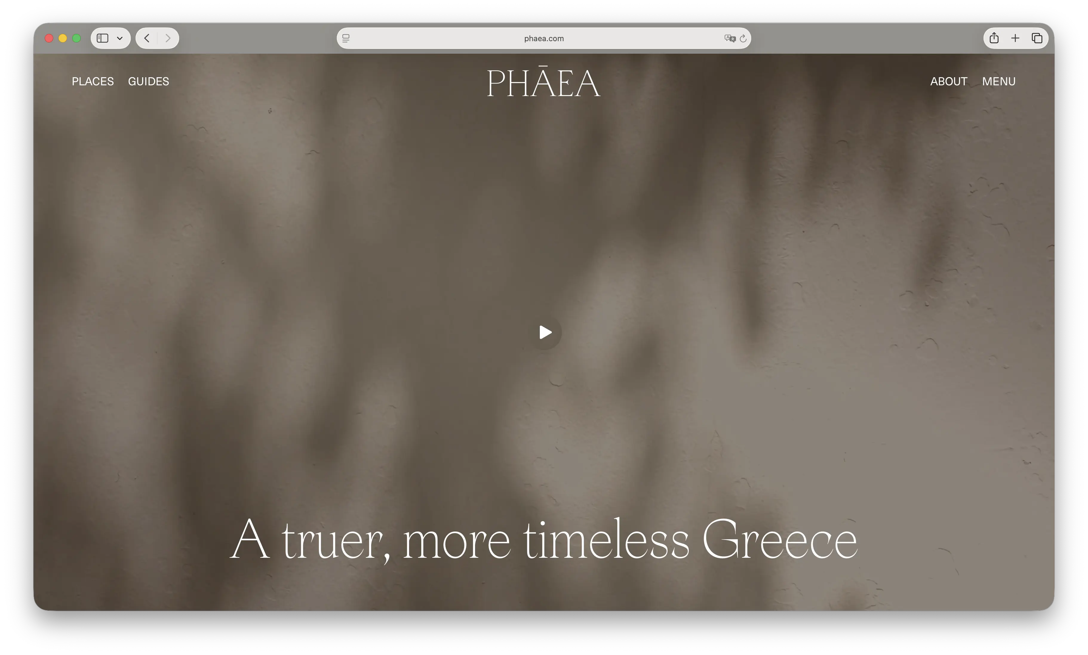Screenshot of Phāea's homepage video hero with the tagline "A truer, more timeless Greece"