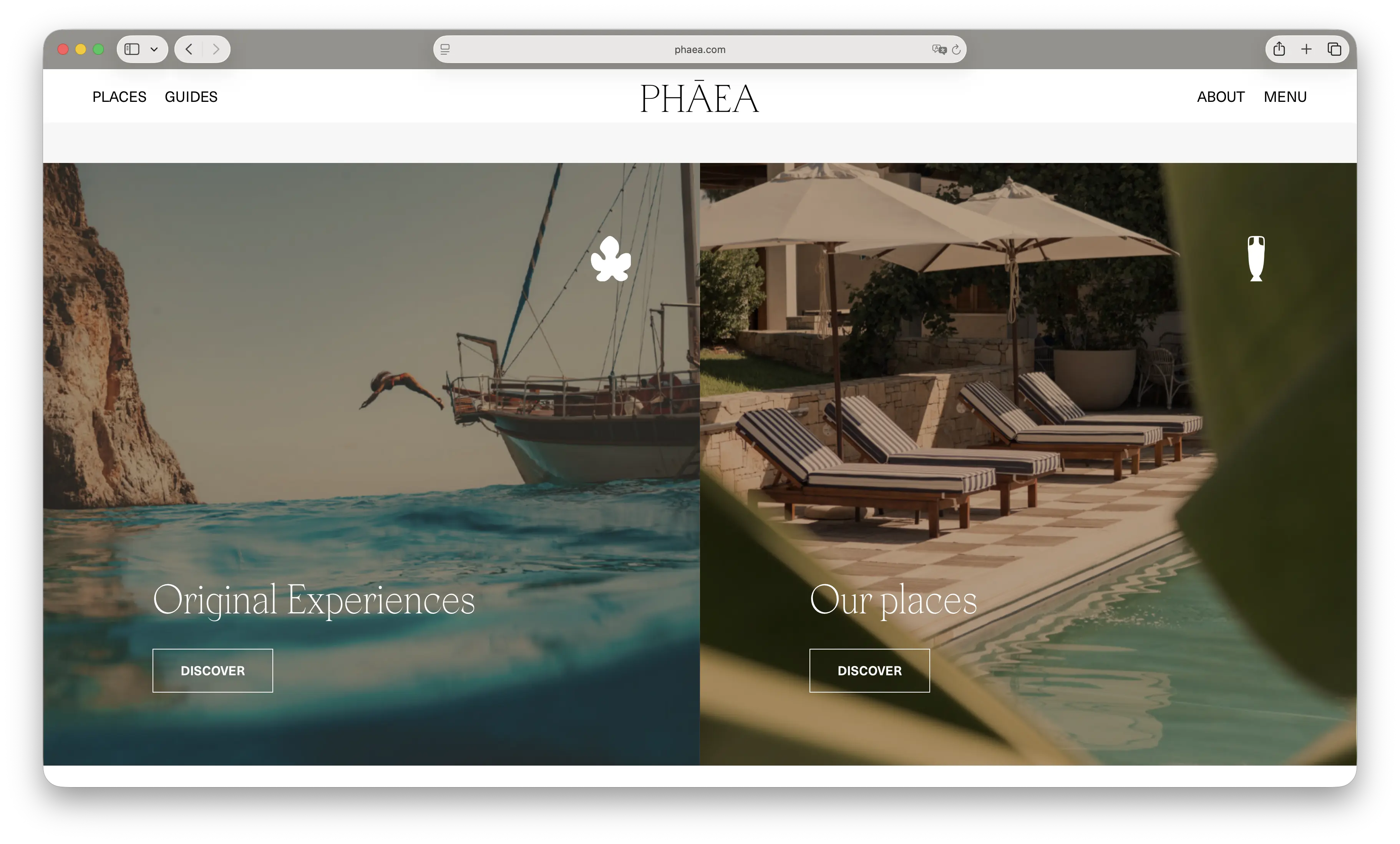 Screenshot of Phāea's homepage split hero, a diver off a boat beside poolside lounge chairs
