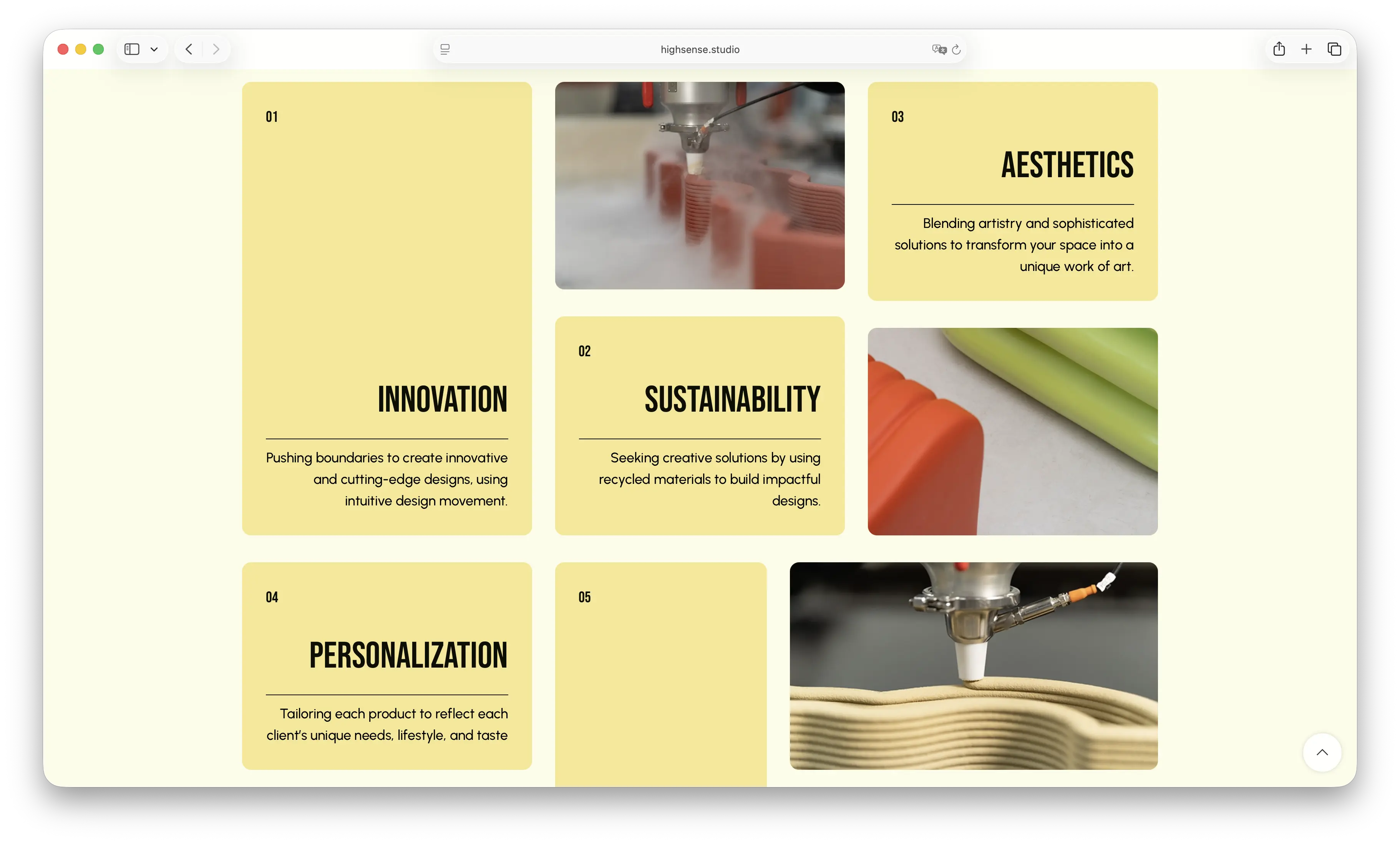 Screenshot of High Sense Studio's design values section covering innovation, sustainability, aesthetics and personalisation