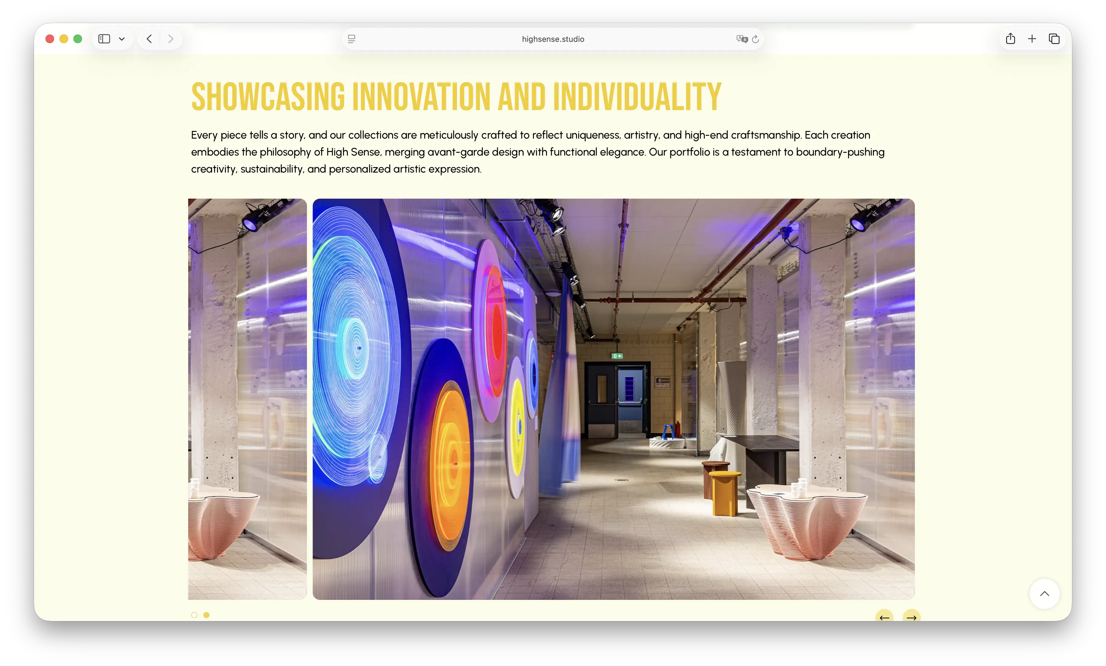 Screenshot of High Sense Studio's homepage showing 3D-printed parametric furniture in situ