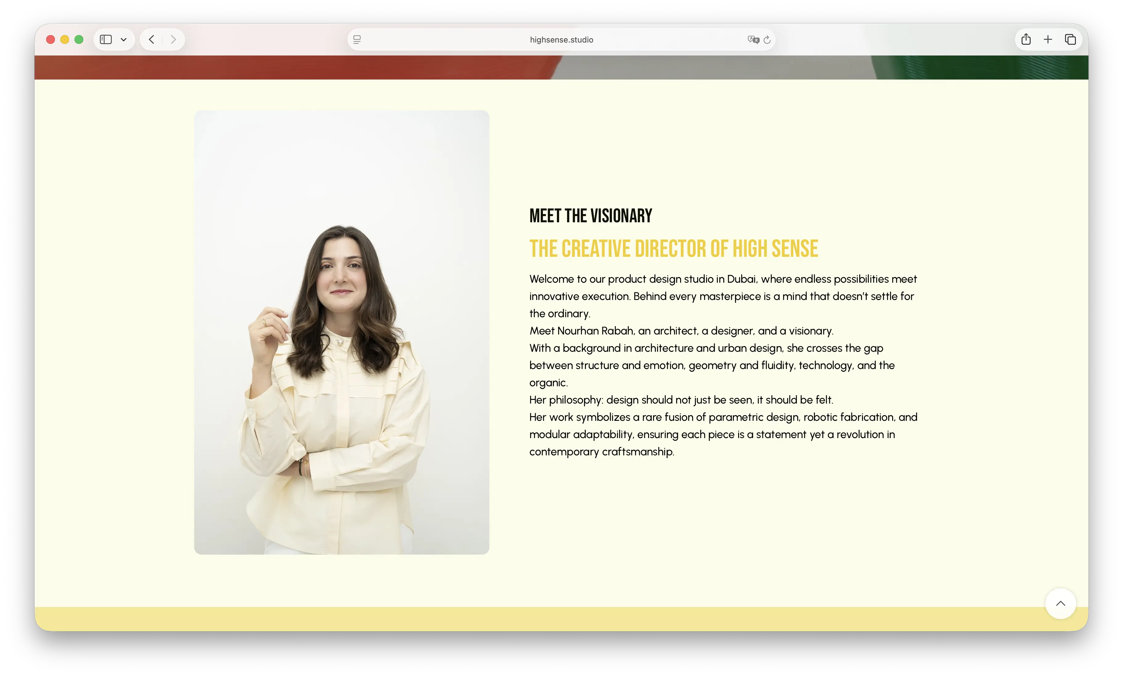 Screenshot of High Sense Studio's About page featuring creative director Nourhan Rabah, parametric designer