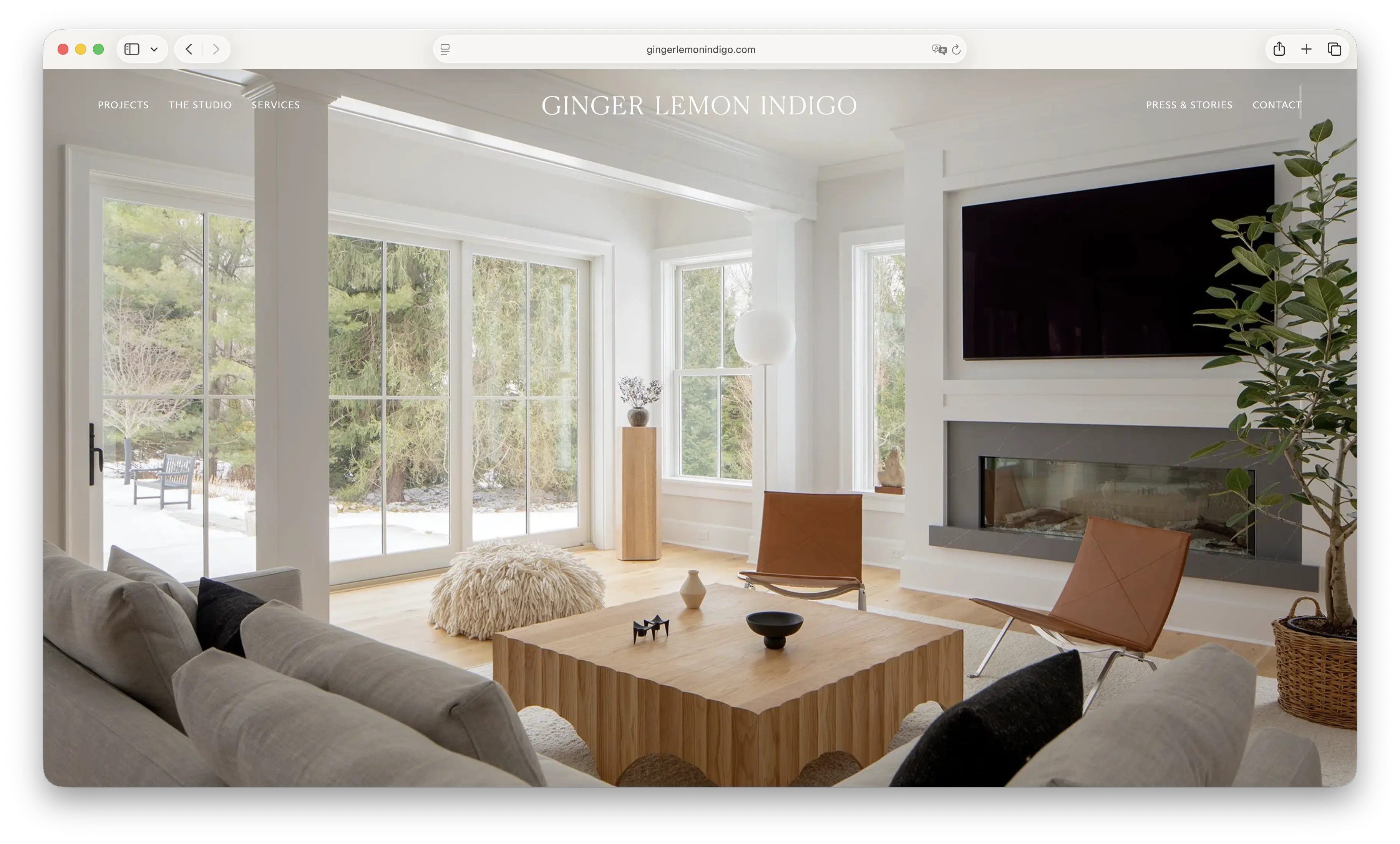 Screenshot of Ginger Lemon Indigo's homepage showing a bright Westport living room interior