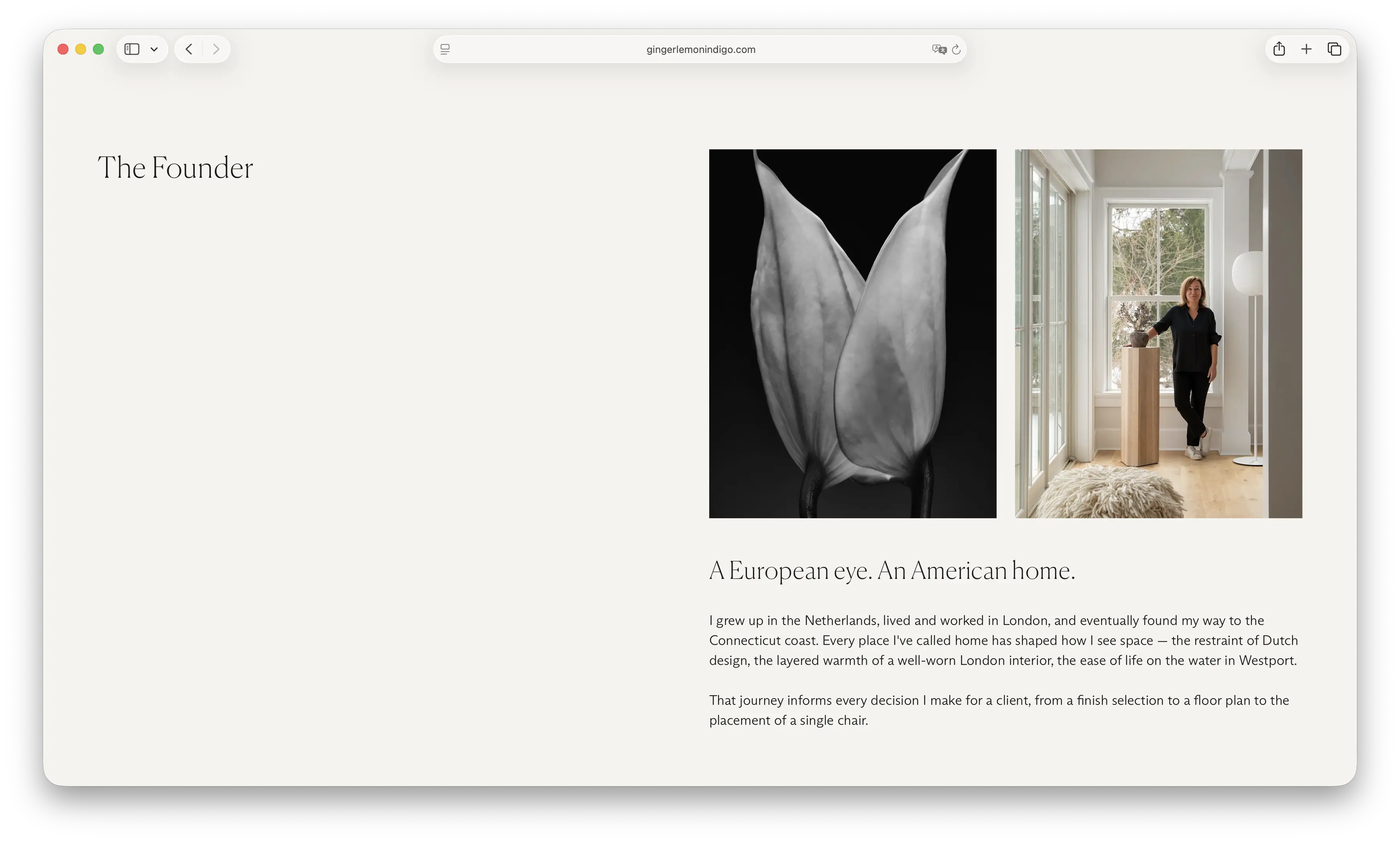 Screenshot of Ginger Lemon Indigo's About page featuring founder Barbra Fordyce, "The Founder"