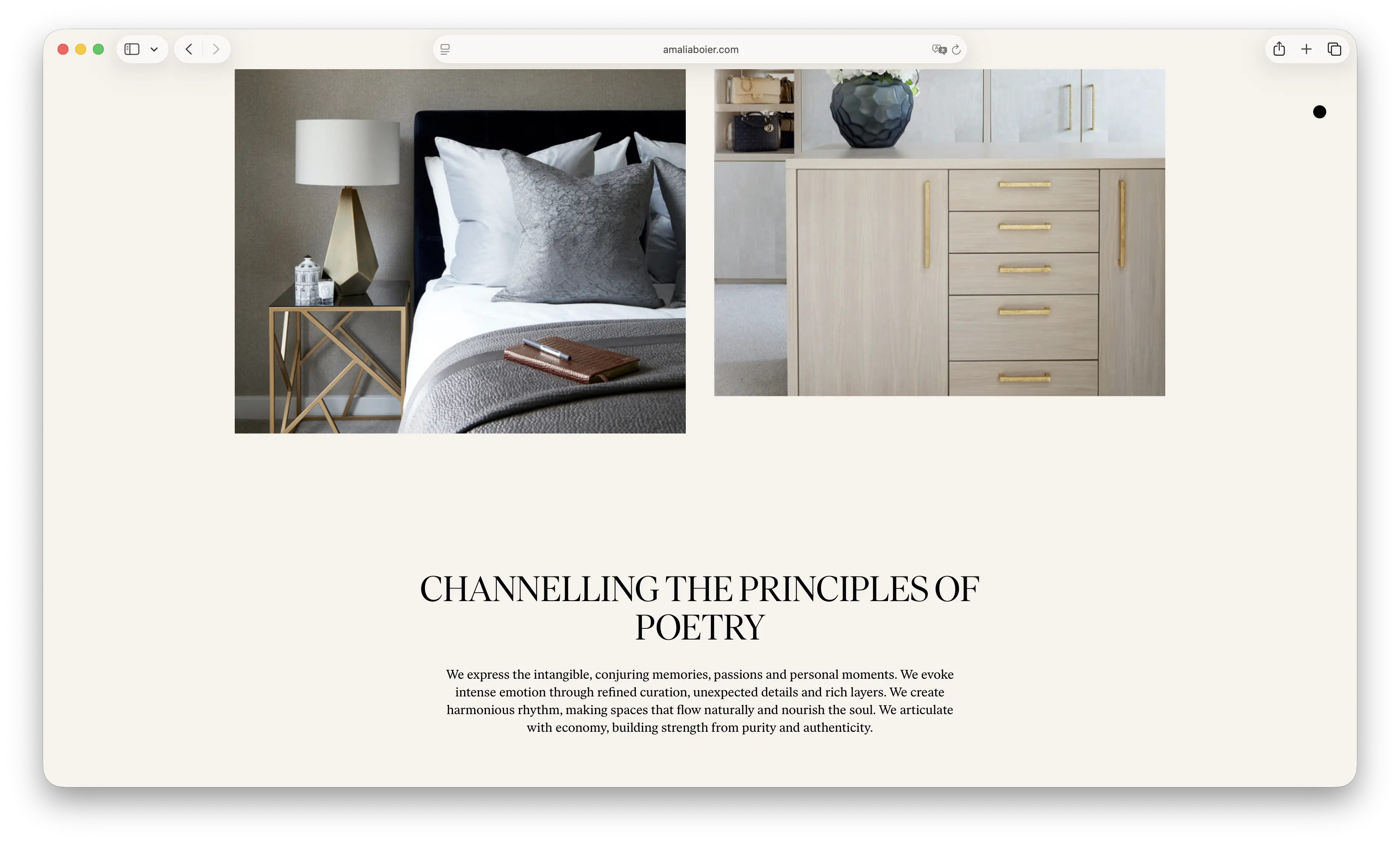 Screenshot of Amalia Boier Studio's homepage bedroom and cabinetry detail shots, "Channelling the Principles of Poetry"