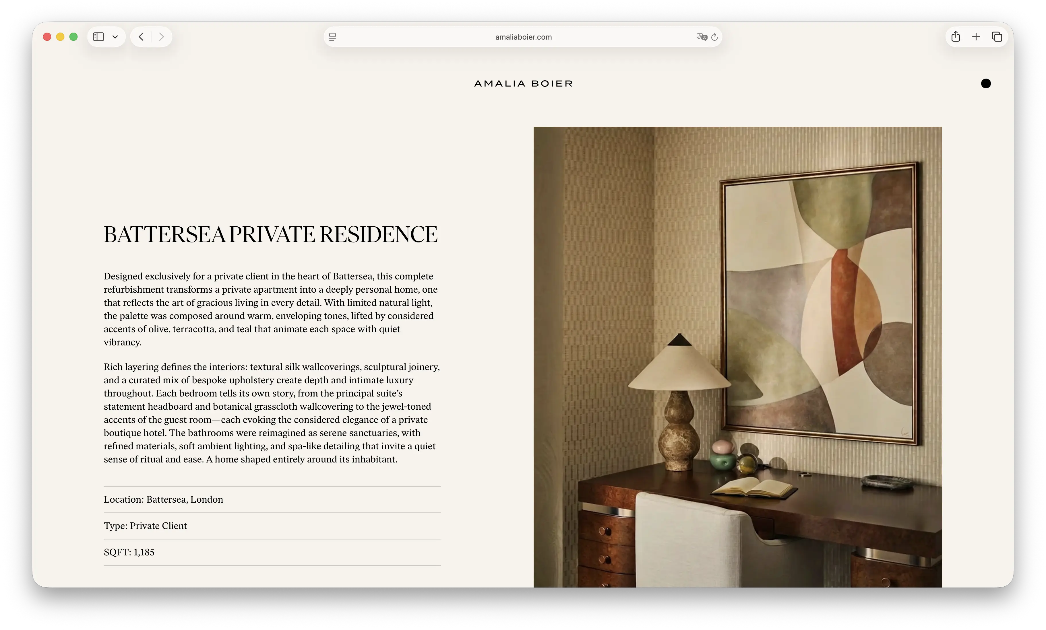 Screenshot of Amalia Boier Studio's rebuilt Battersea Private Residence project page with full description