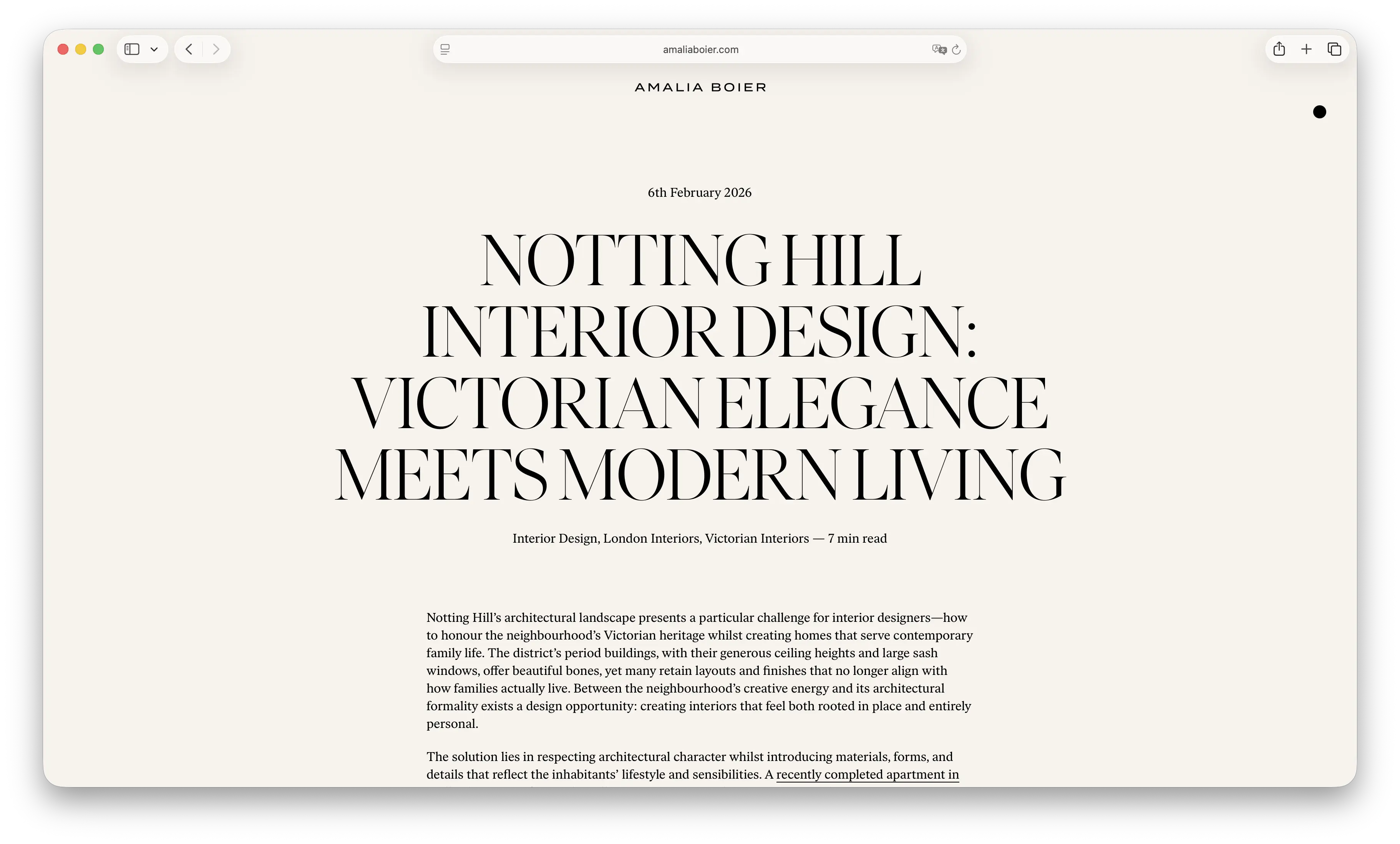 Screenshot of Amalia Boier Studio's blog article "Notting Hill Interior Design: Victorian Elegance Meets Modern Living"