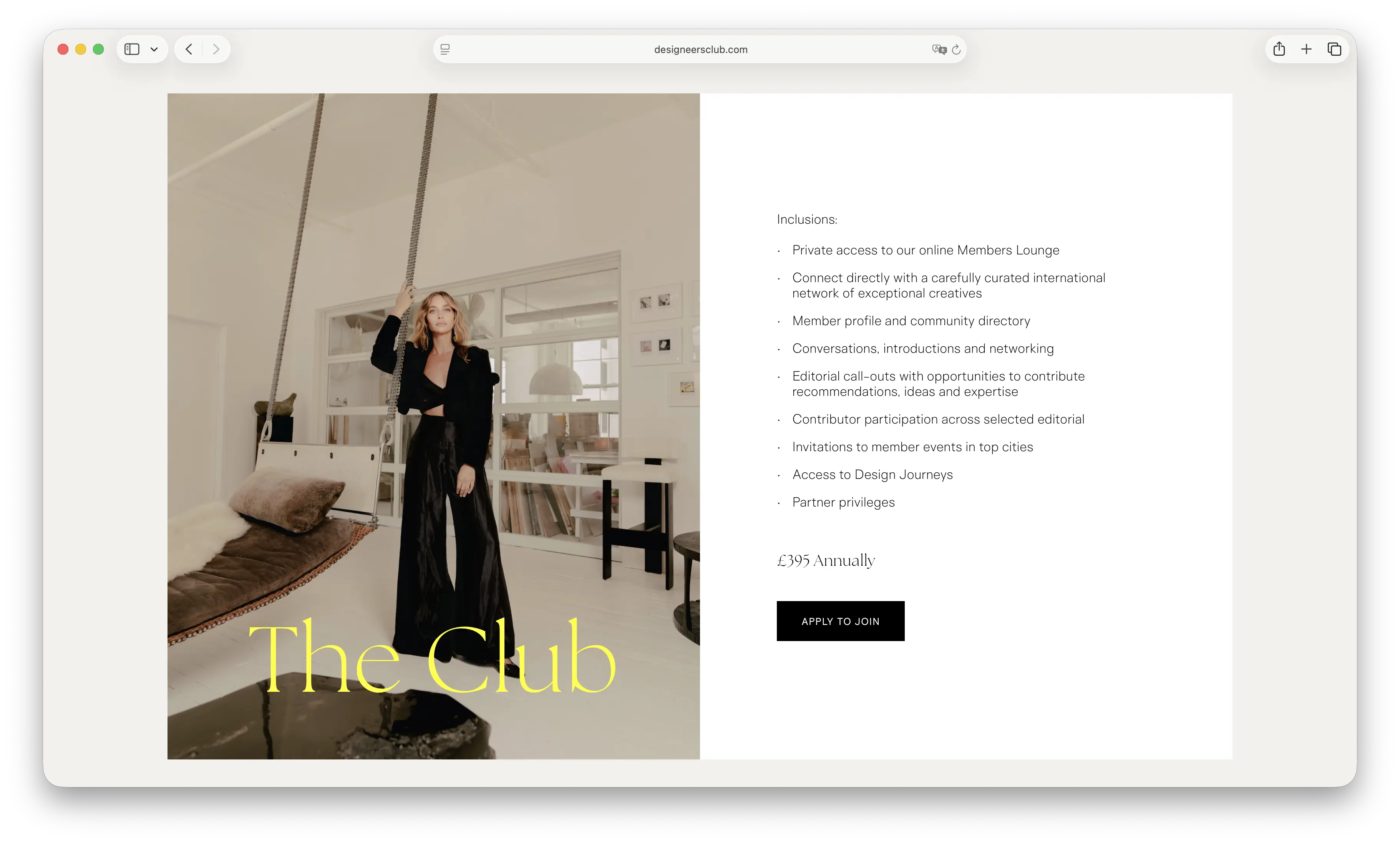 Screenshot of Designeers Club's membership page listing inclusions and "The Club" pricing