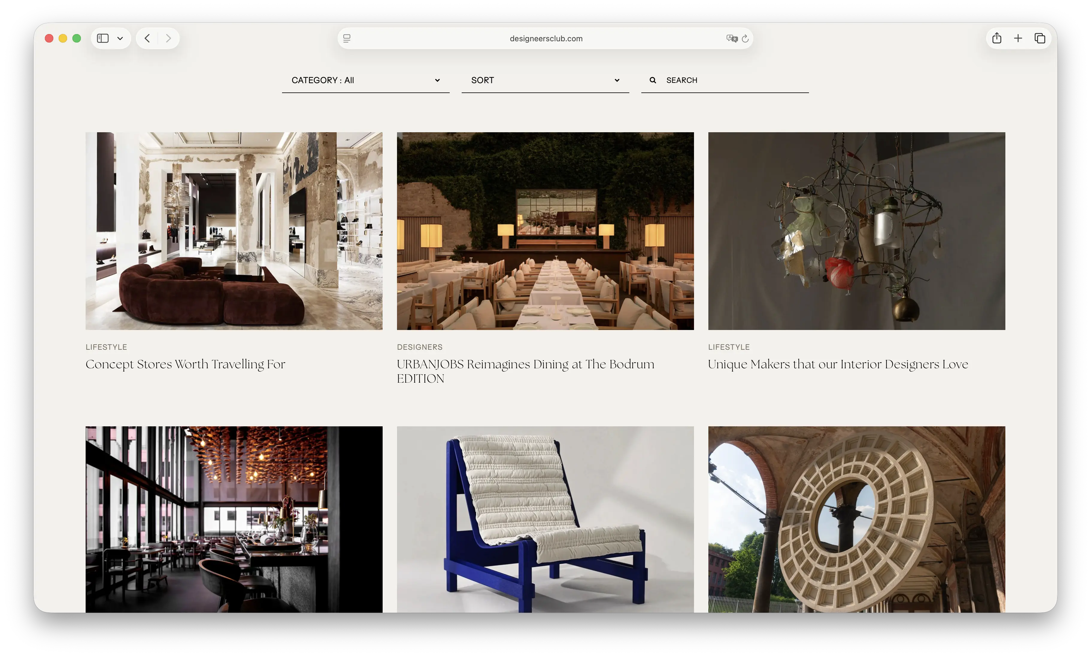 Screenshot of Designeers Club's Journal grid showing featured articles across lifestyle and design categories