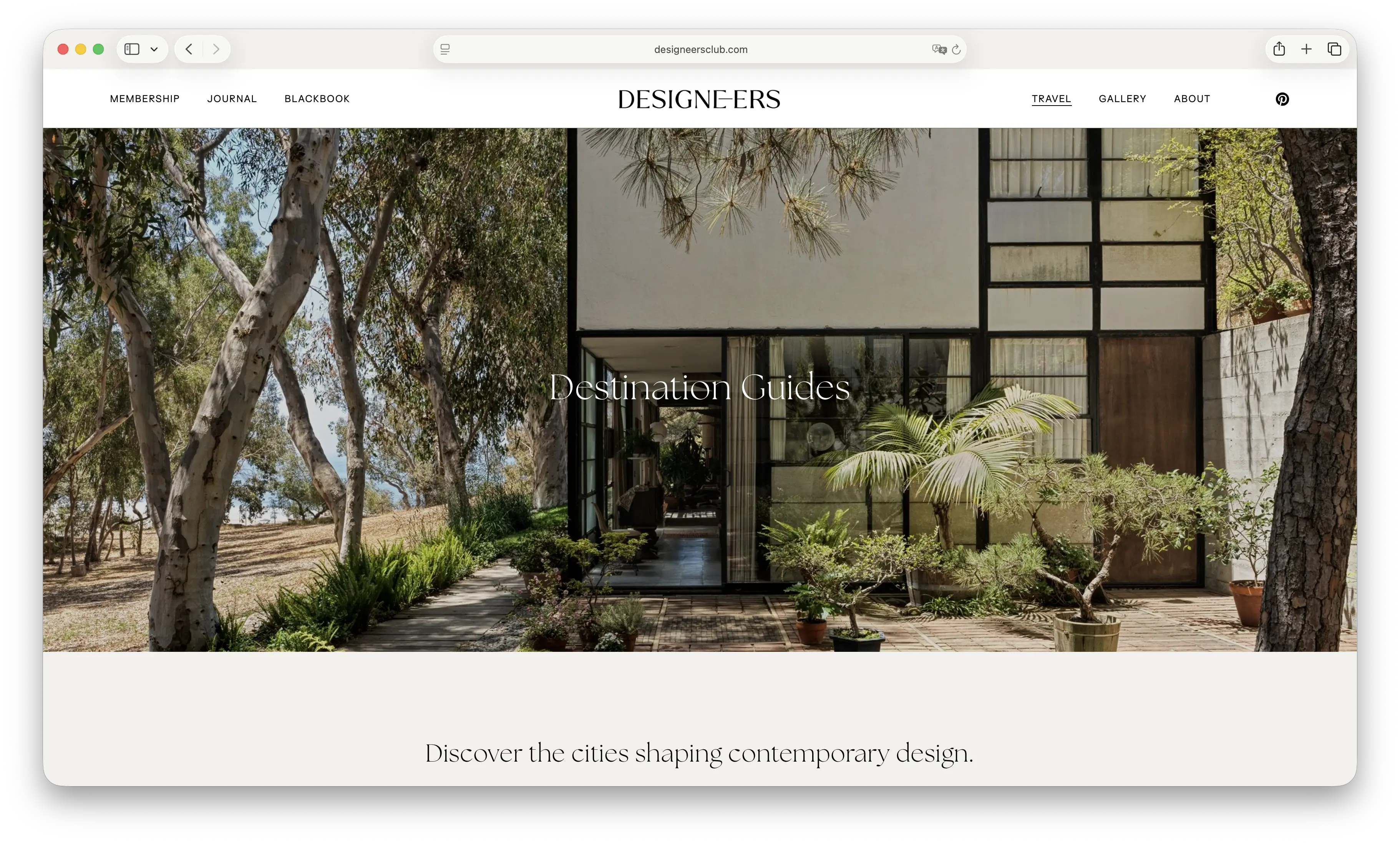Screenshot of Designeers Club's Travel section showing a Destination Guides landing page