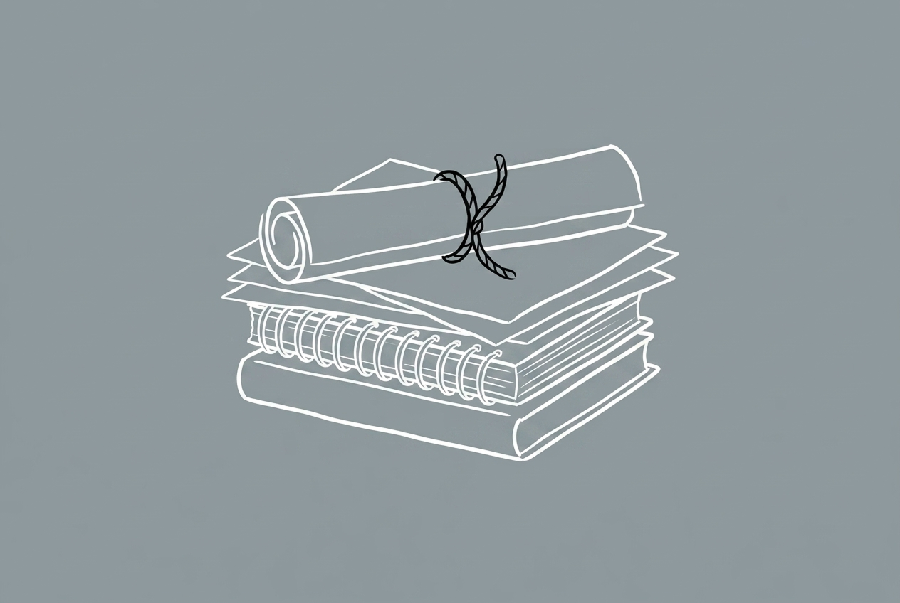 Line illustration of a rolled plan, papers and books stacked for an Interior Design client presentation