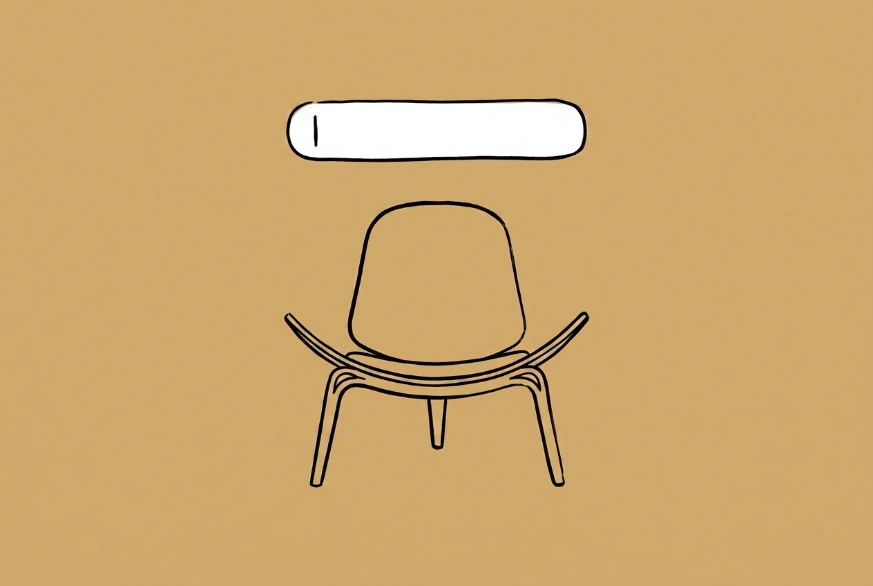 Line illustration of an armchair beneath a search bar representing SEO for interior designers