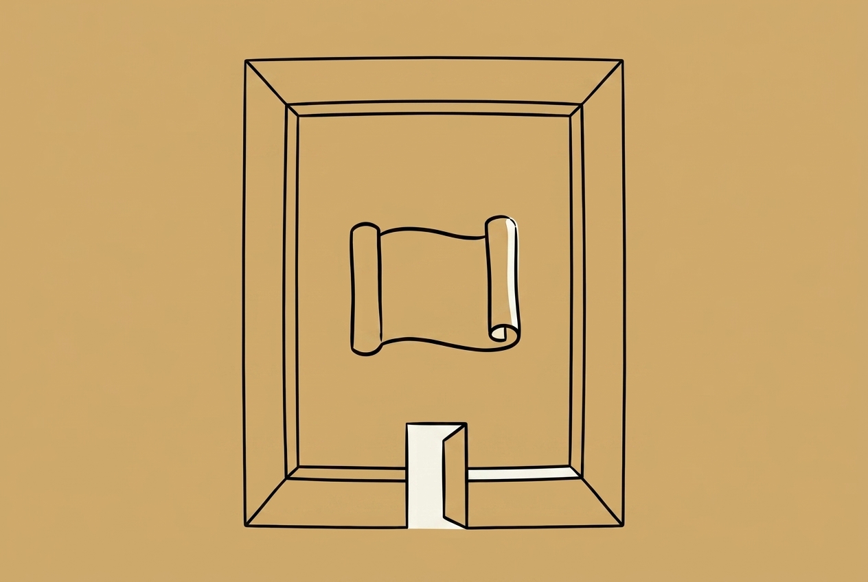 Line illustration of a picture frame with an open doorway, Krueger Design cover art
