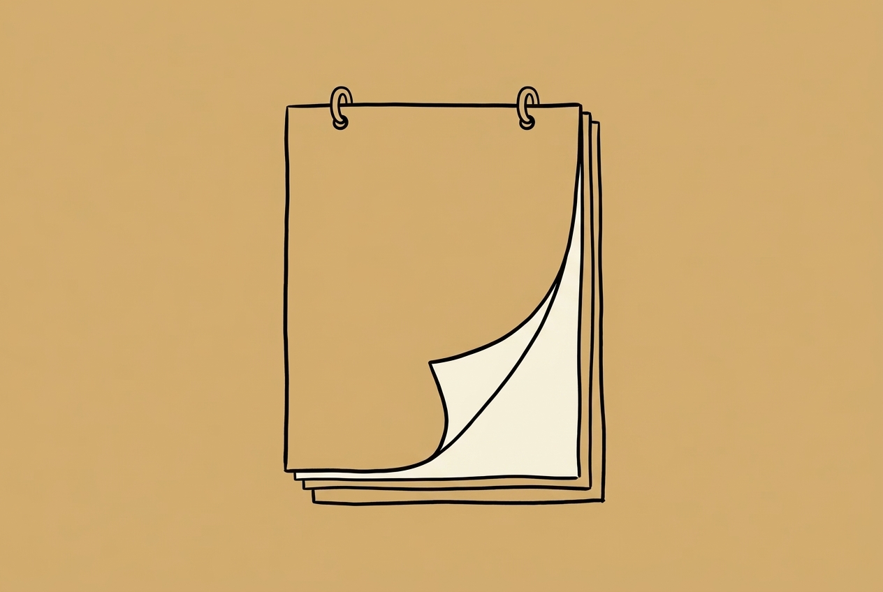 Line illustration of a wall calendar with three sheets and the top corner lifting, cover art for an article on the SEO timeline for design studios