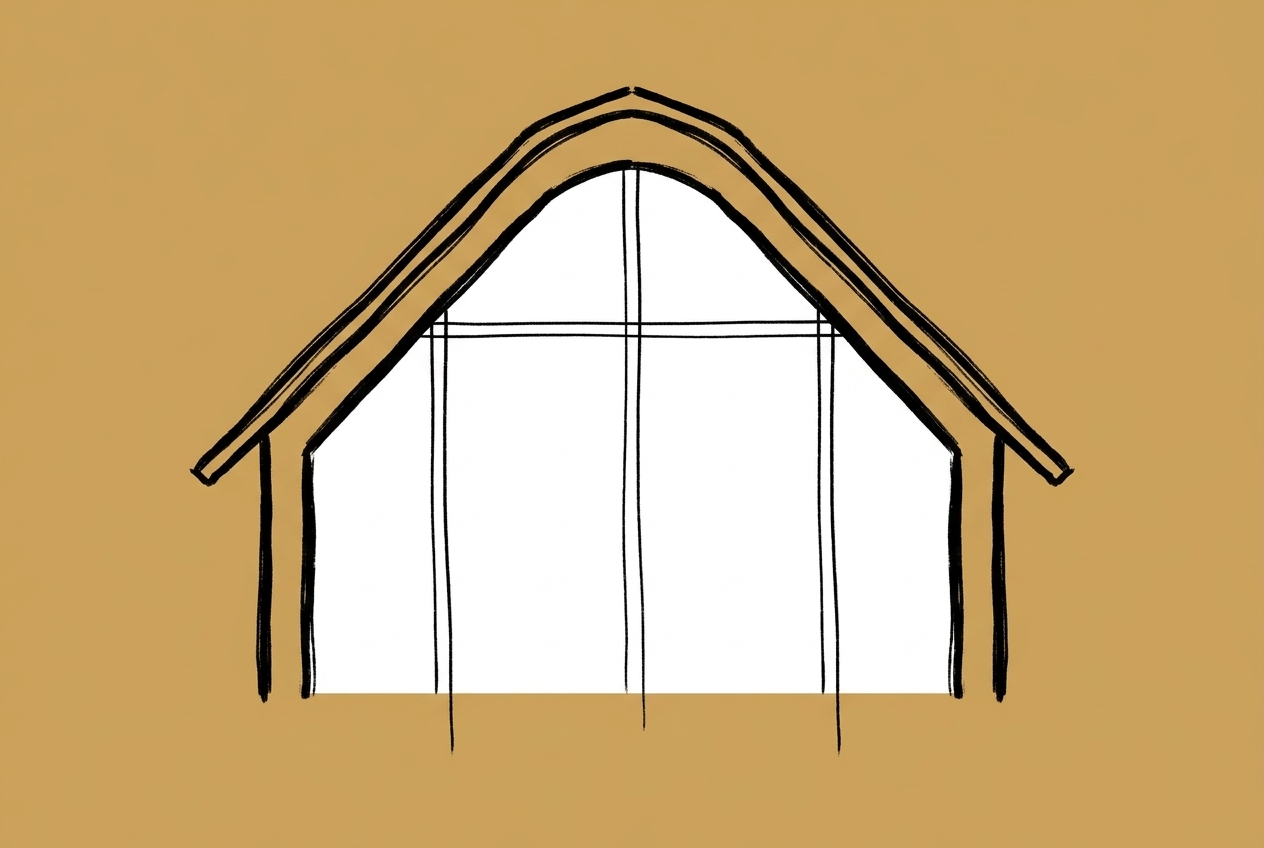 Line illustration of a barn conversion with a fully glazed gable end, cover art for a guide to SEO for architects