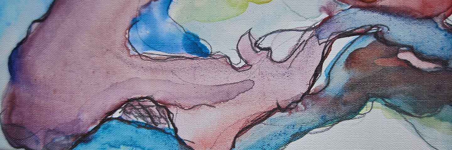 Abstract painting with flowing shapes in blue, purple, and red watercolor on textured canvas.
