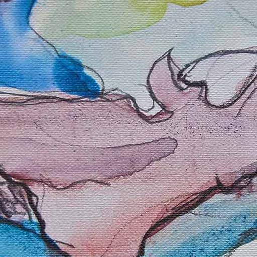 Close-up of abstract watercolor painting featuring shapes in pink, blue, and green on canvas.