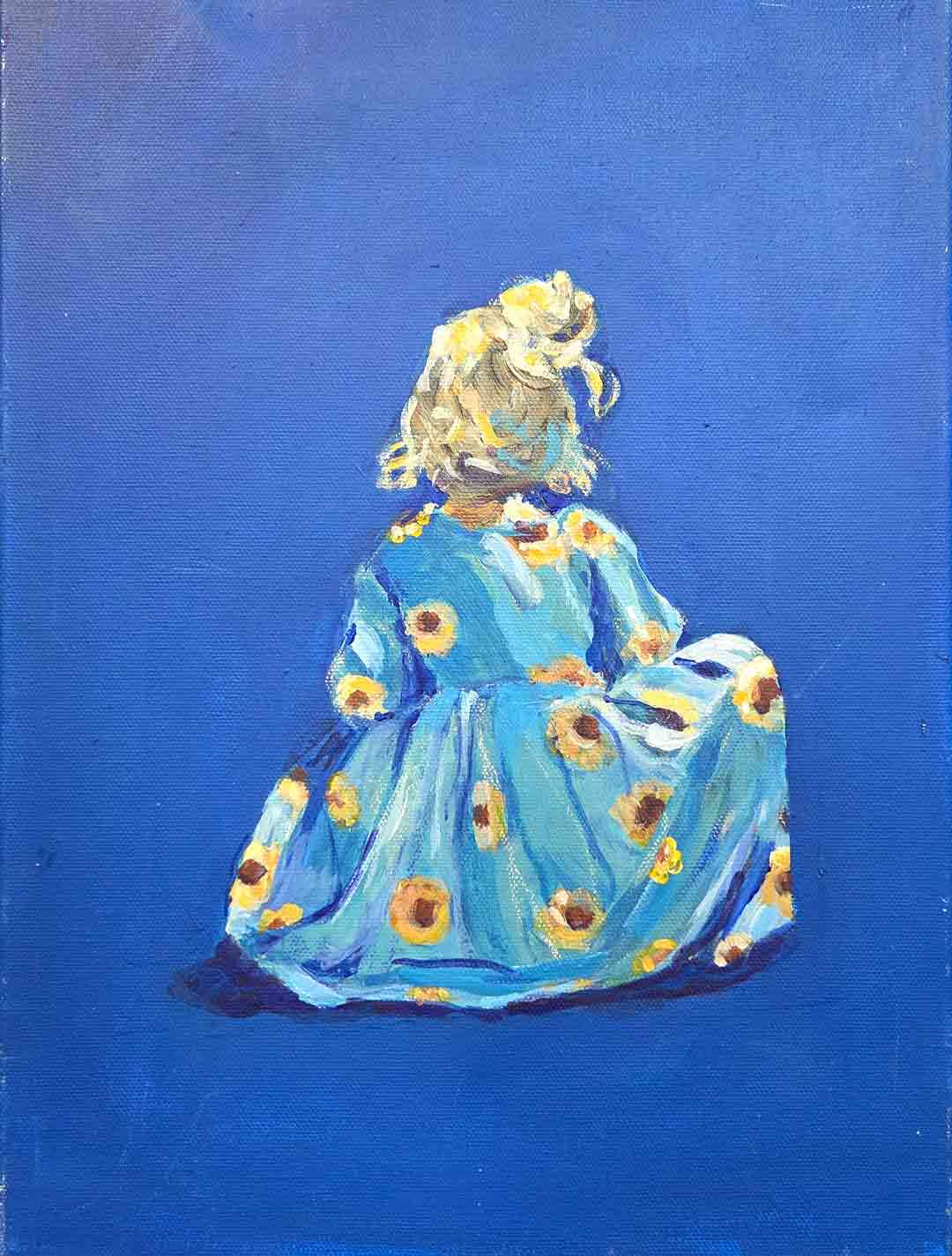 Painting of a blonde child in a blue dress with yellow sunflowers sitting with back turned.