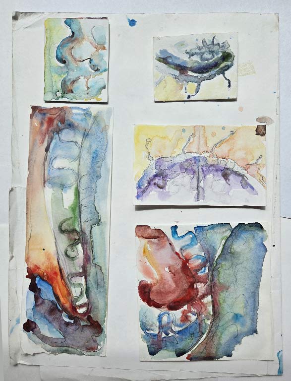 Abstract watercolor paintings with organic shapes in blue, purple, orange, and green on white paper.