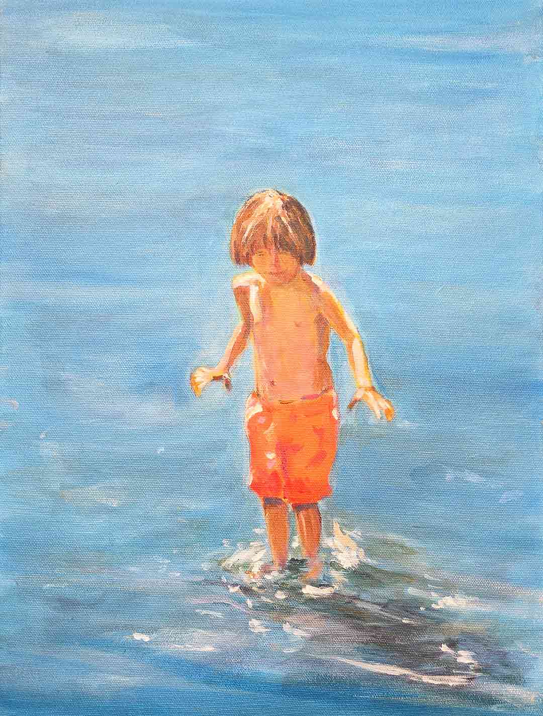 Painting of a child in orange shorts standing and splashing in shallow water with blue background.