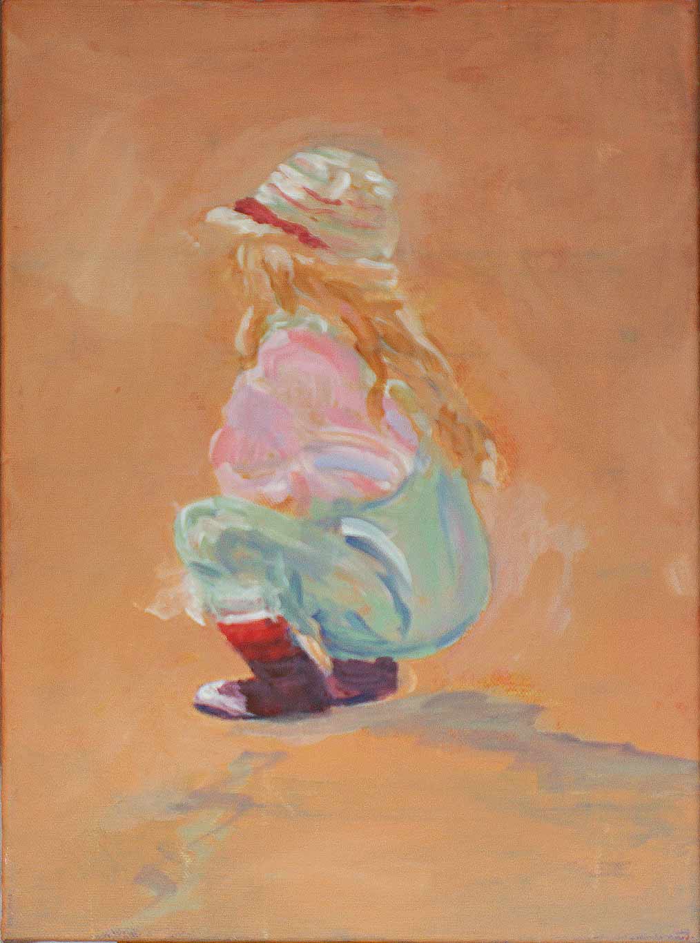 Impressionist painting of a child squatting, wearing a hat, colorful clothes, and boots on a warm-toned background.