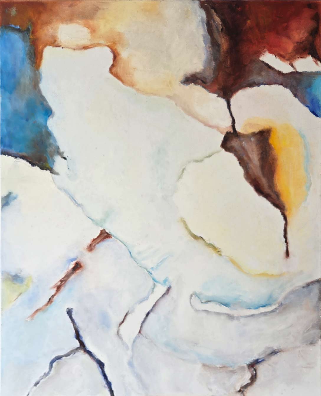 Abstract painting with soft white, brown, blue, and yellow organic shapes blending into each other.