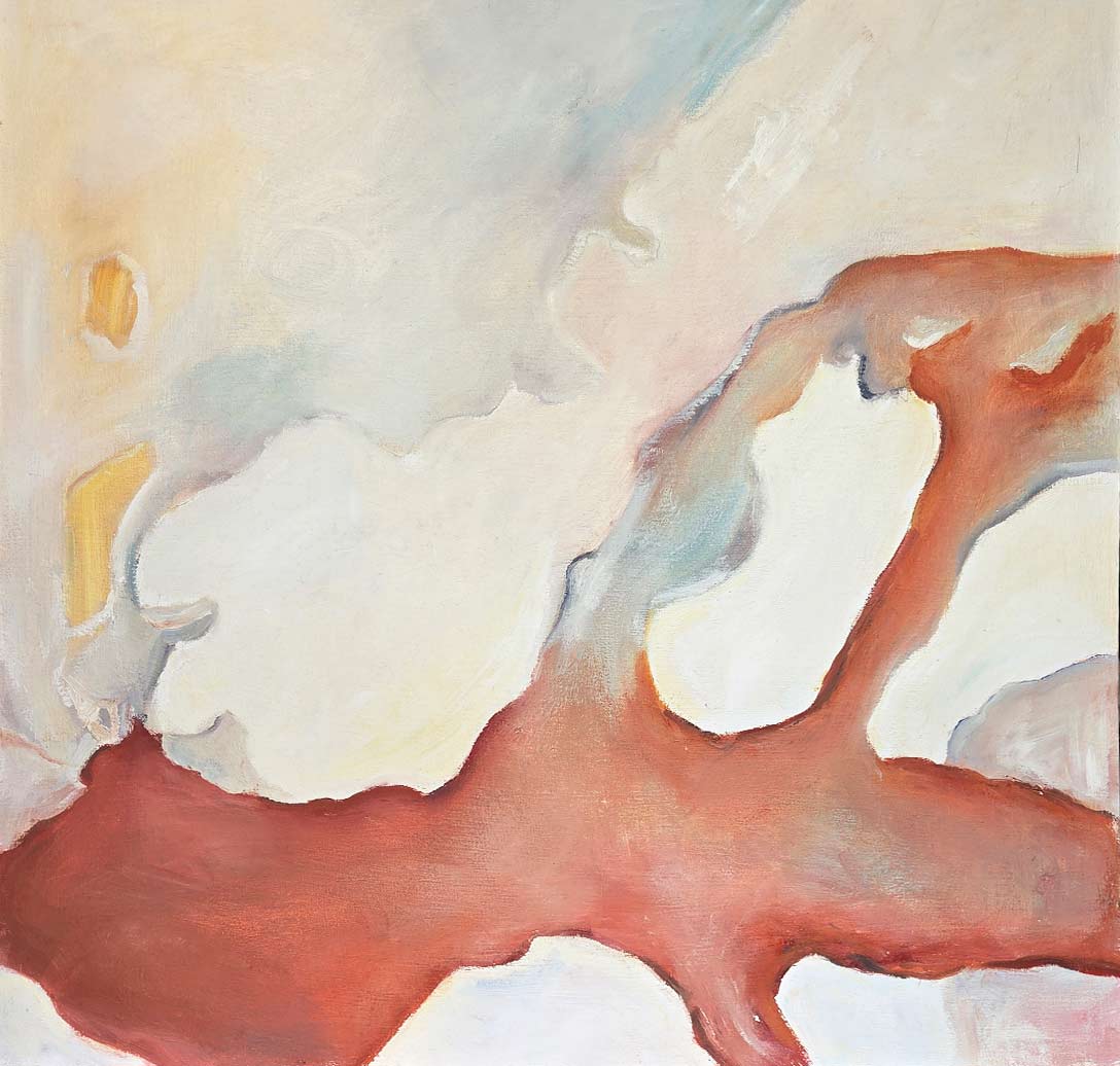 Abstract painting with flowing shapes in red, white, beige, and soft blue tones.