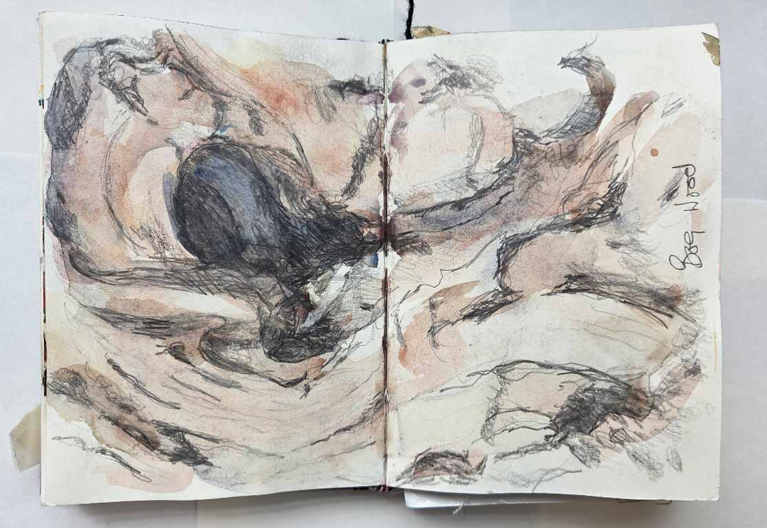 Two-page sketchbook drawing of abstract figures with black and brown pencil and watercolor accents.
