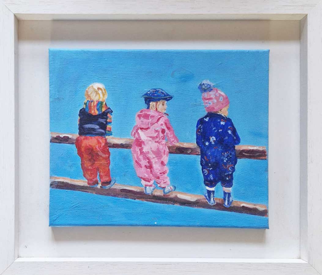 Painting of three children in colorful winter clothes standing on wooden logs against blue background.