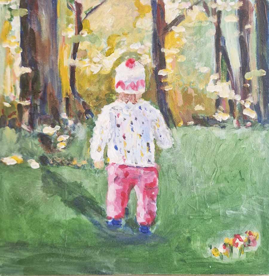 Impressionist painting of a child wearing a white hat and pink pants standing in a green forest clearing.
