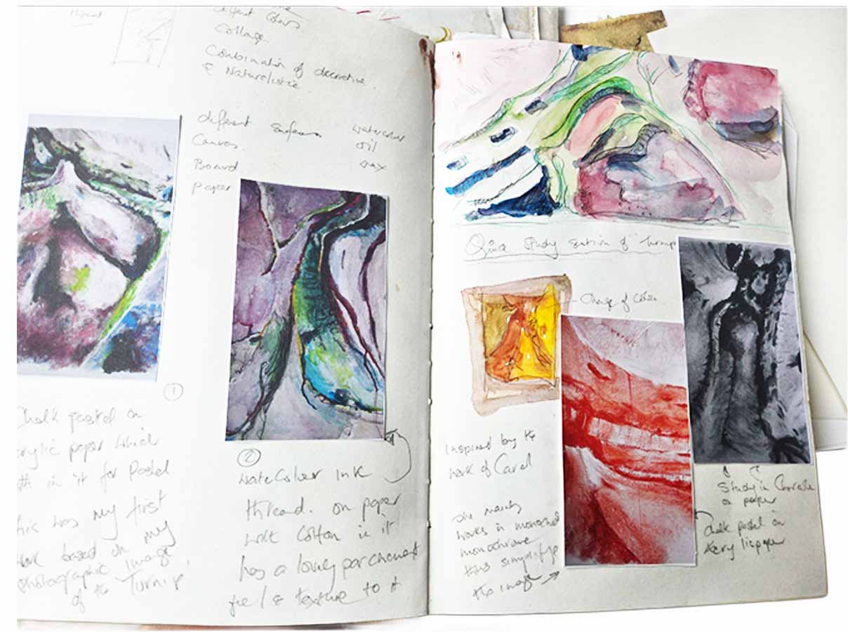 Open sketchbook with colorful abstract watercolor and ink paintings and handwritten notes.