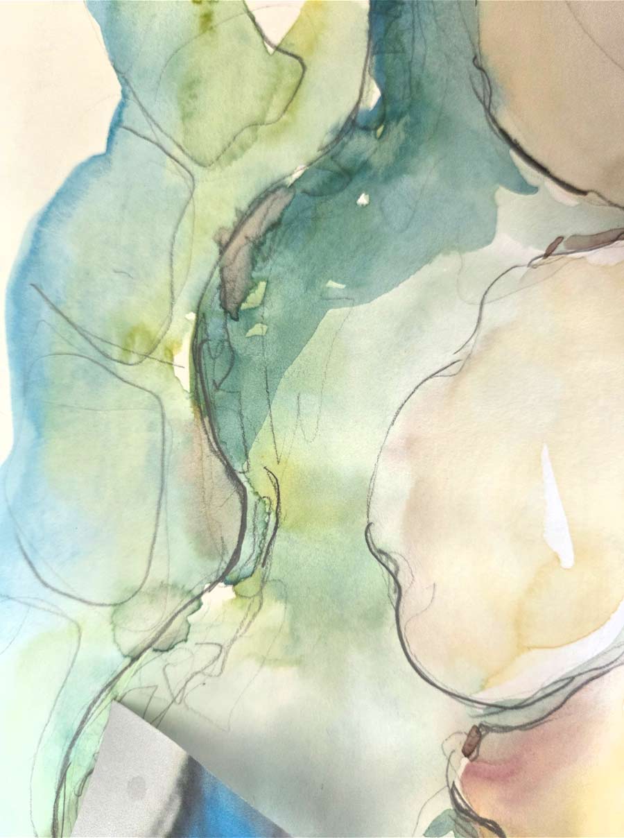 Abstract watercolor painting with soft green, blue, beige, and light brown hues and fine black lines.