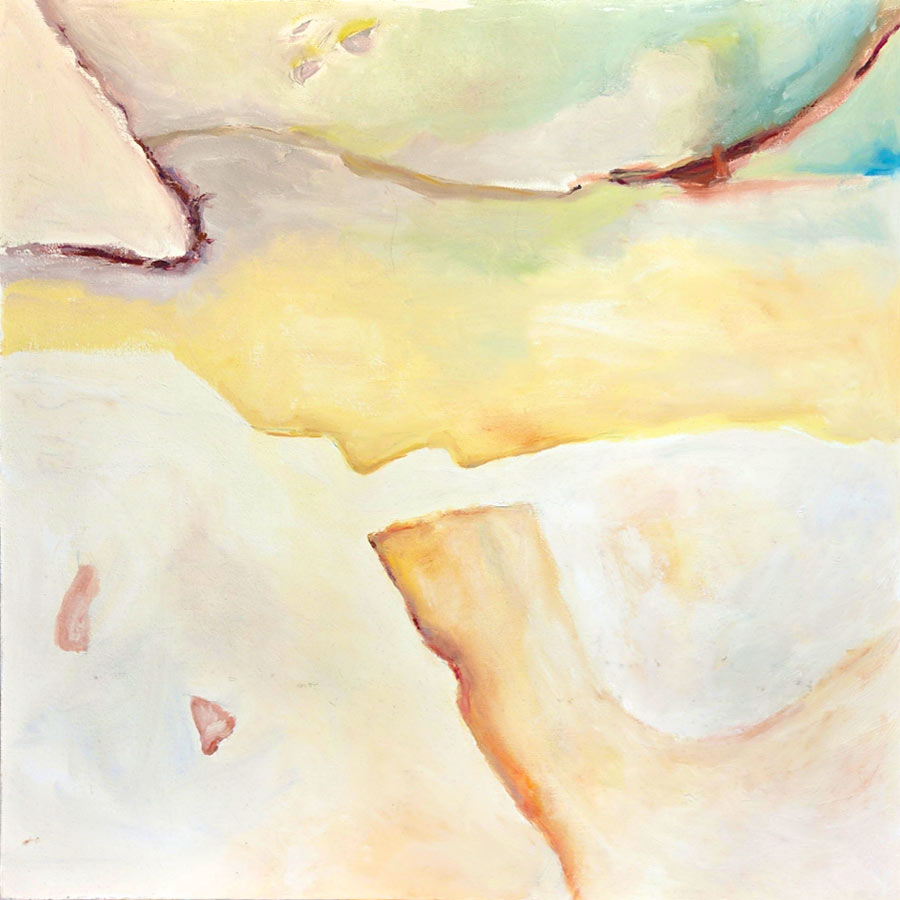 Abstract painting with soft, blended colors including yellows, whites, light blues, and browns forming irregular shapes and textures.