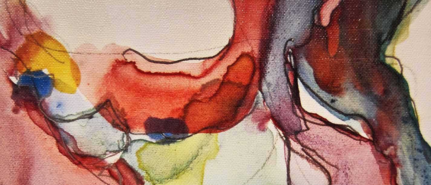 Abstract watercolor painting with flowing shapes in red, purple, yellow, blue, and green hues blending on textured paper.