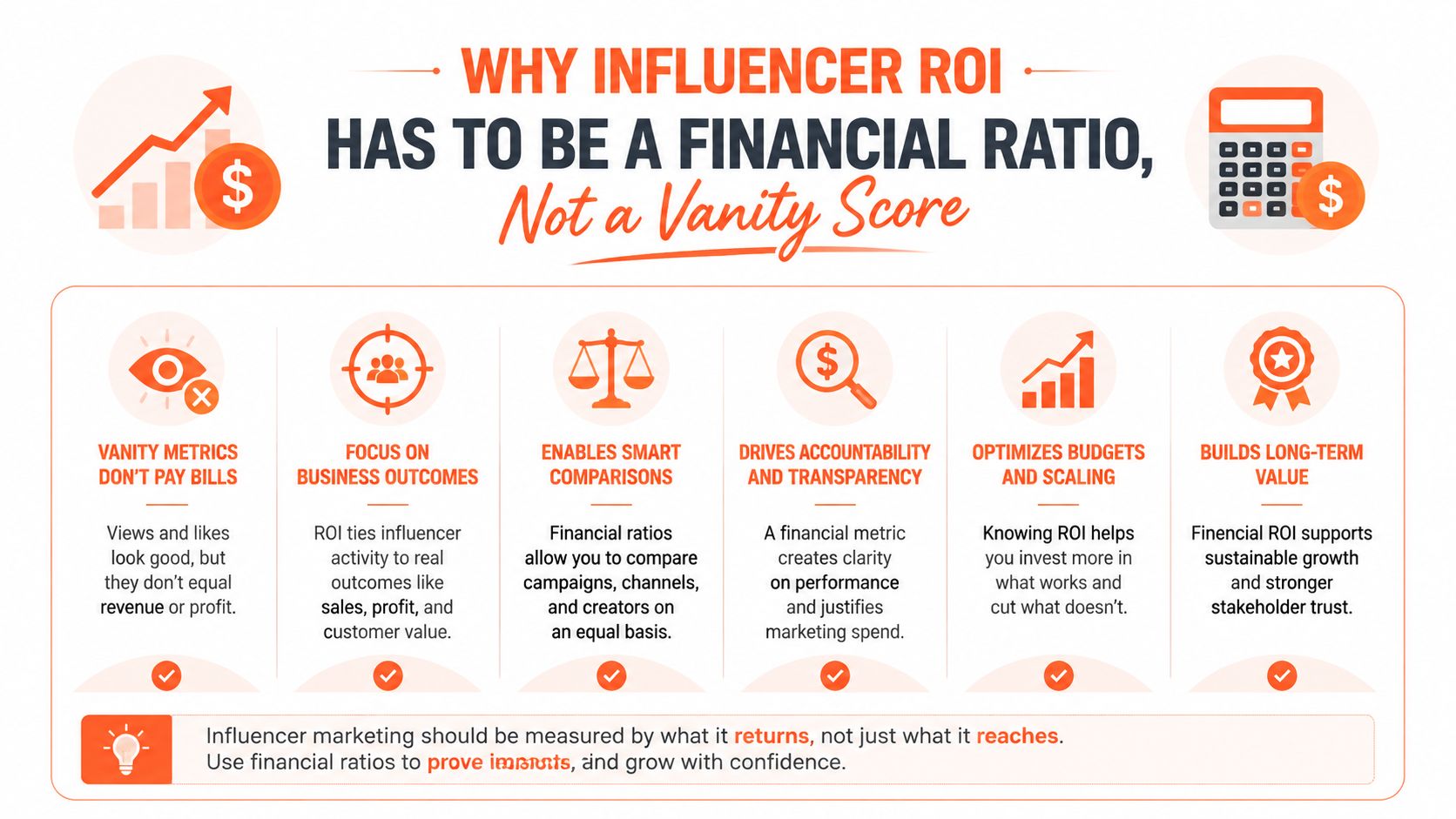 An infographic explaining why influencer marketing return on investment should be measured financially instead of through vanity metrics.