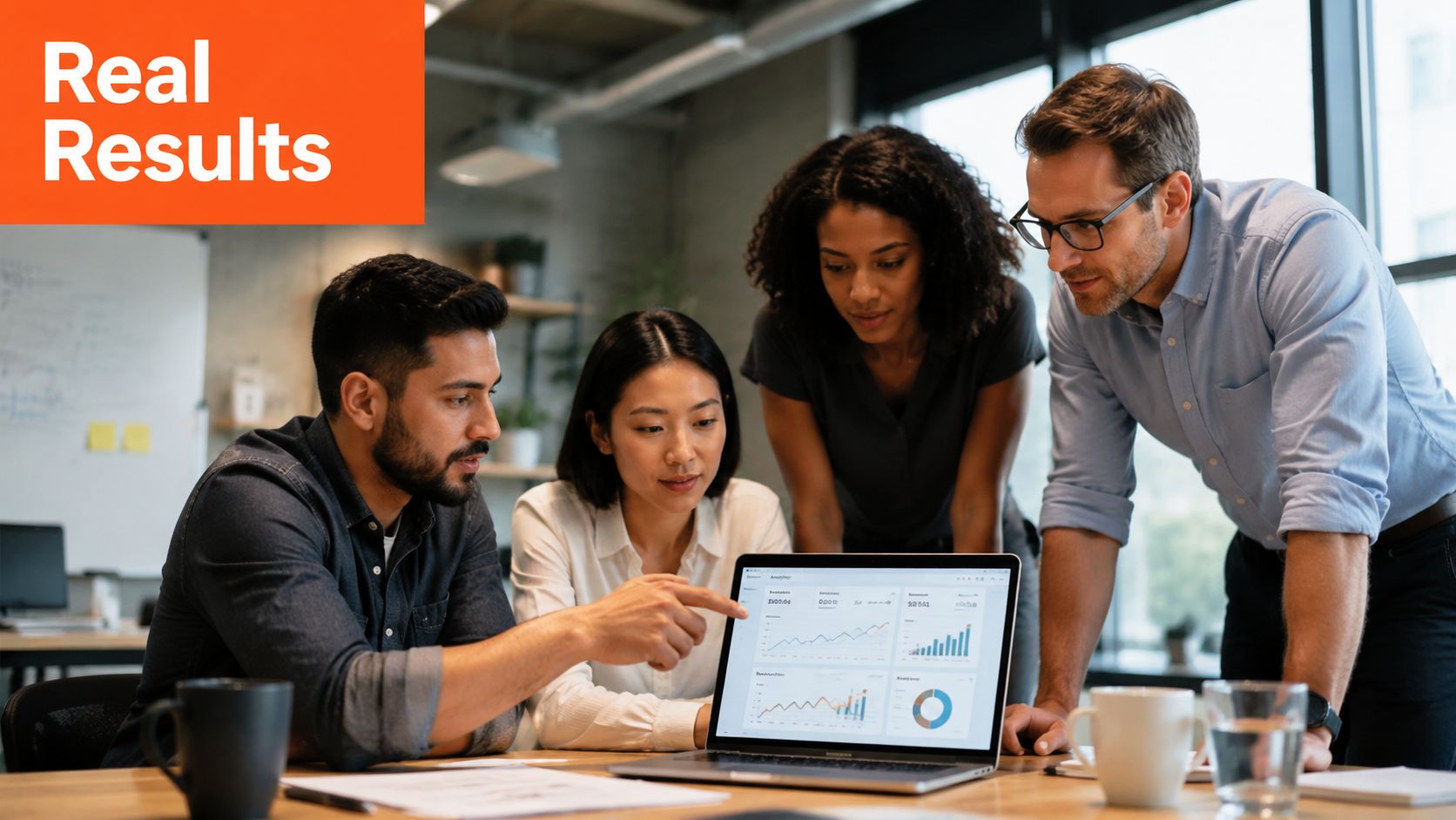 A diverse team of business professionals collaborate on performance based influencer marketing data using a laptop.