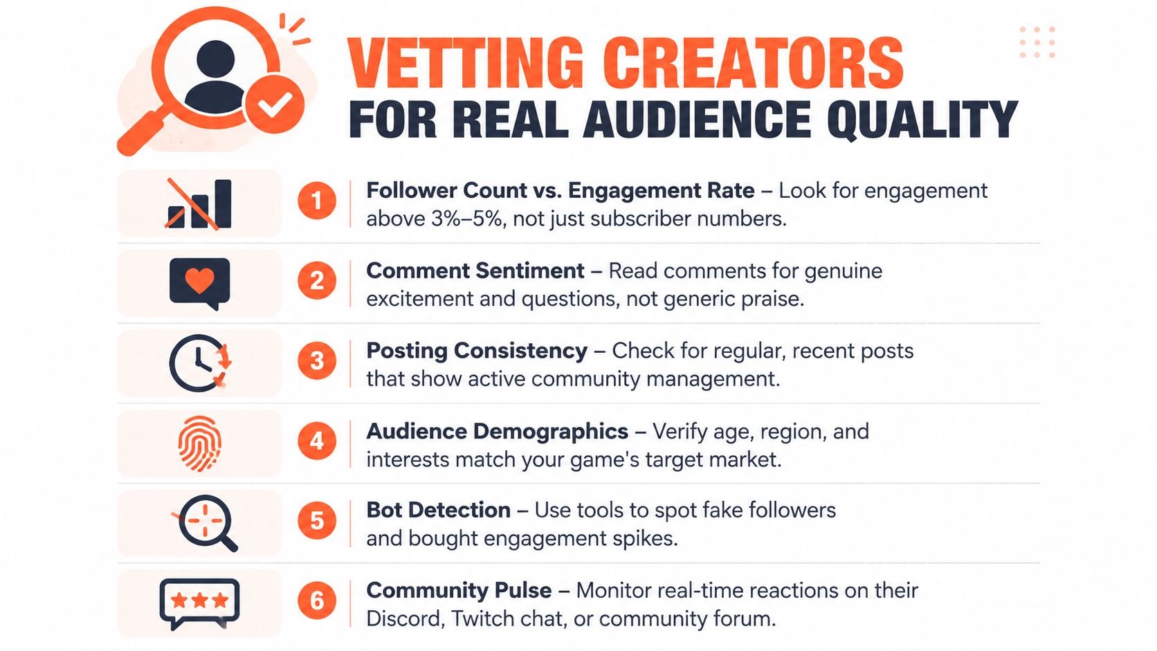 An infographic titled Vetting Creators for Real Audience Quality listing six tips for evaluating social media influencers.