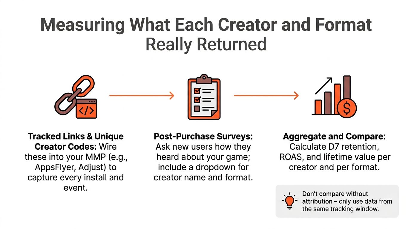 A diagram illustrating three steps to measure creator marketing performance for video games using tracked links, surveys, and analytics.