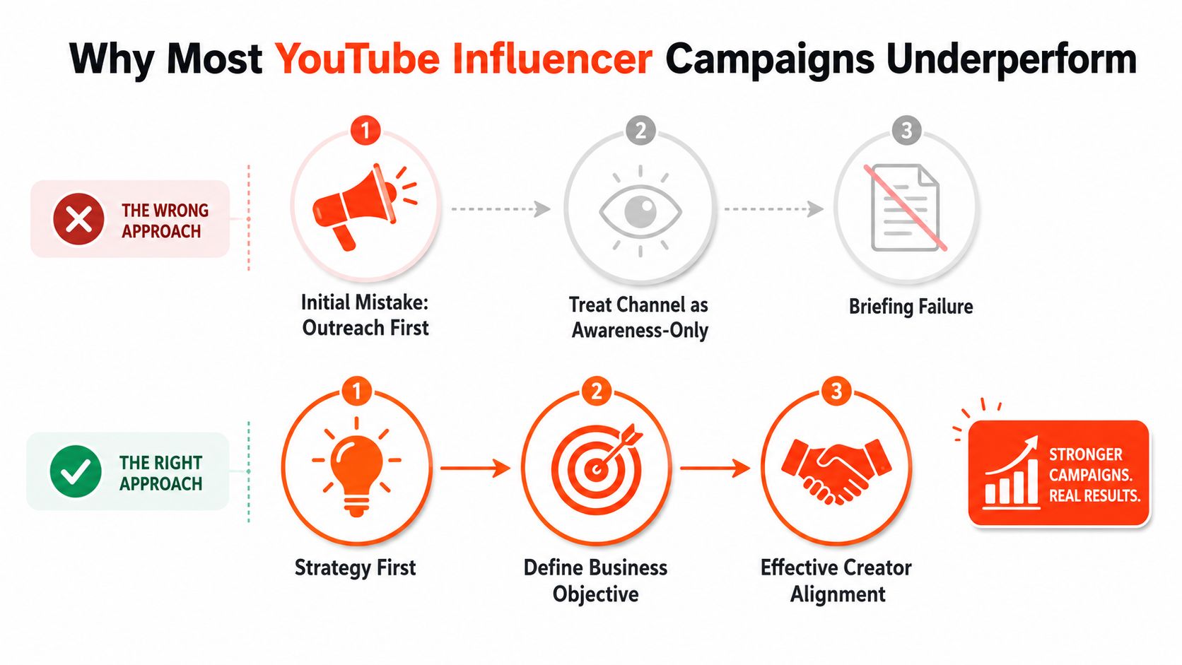 A diagram comparing the wrong vs right approach for creating successful YouTube influencer marketing campaigns.