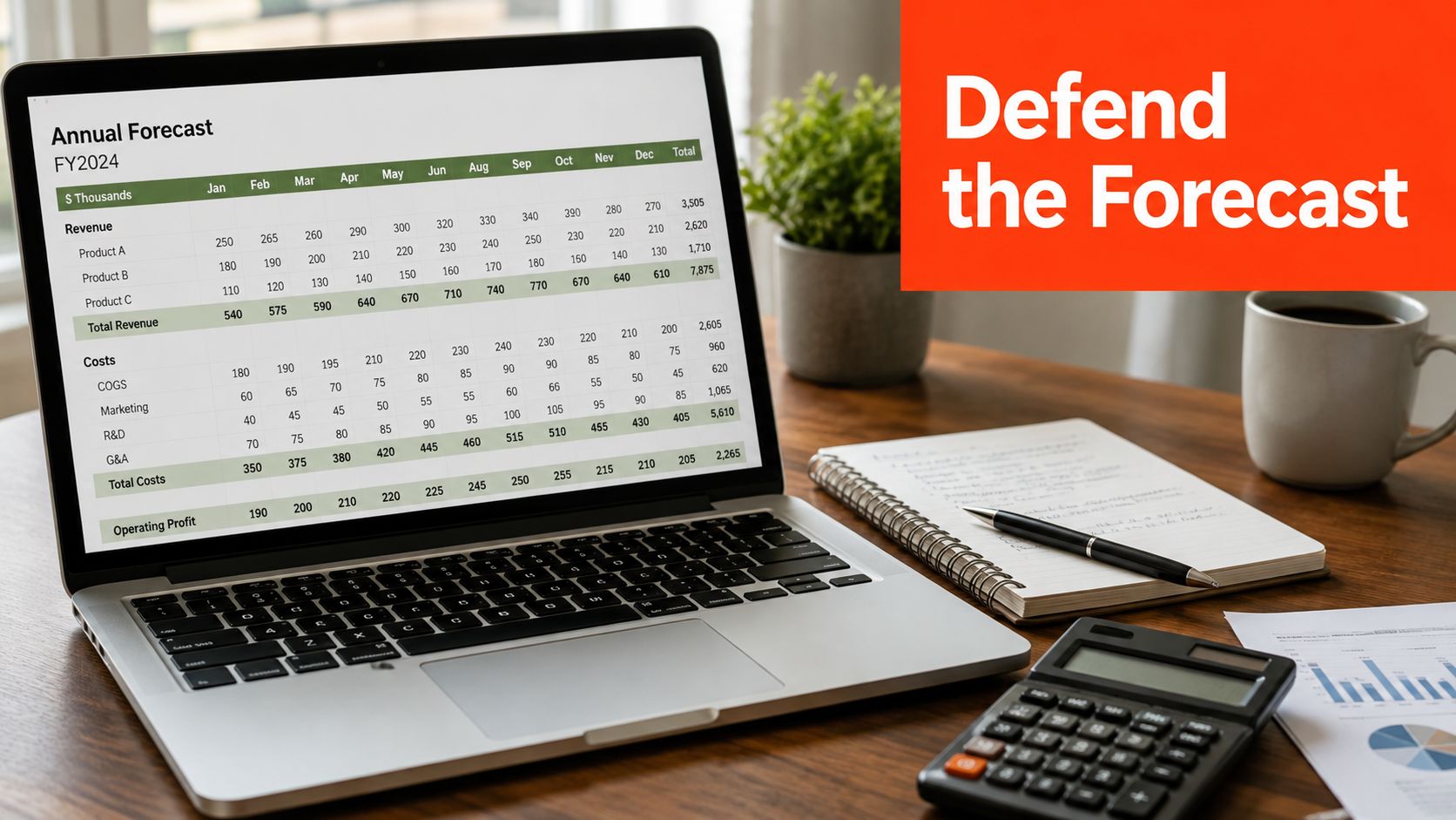 A laptop screen displays an annual financial forecast spreadsheet with revenue and cost data for FY2024.