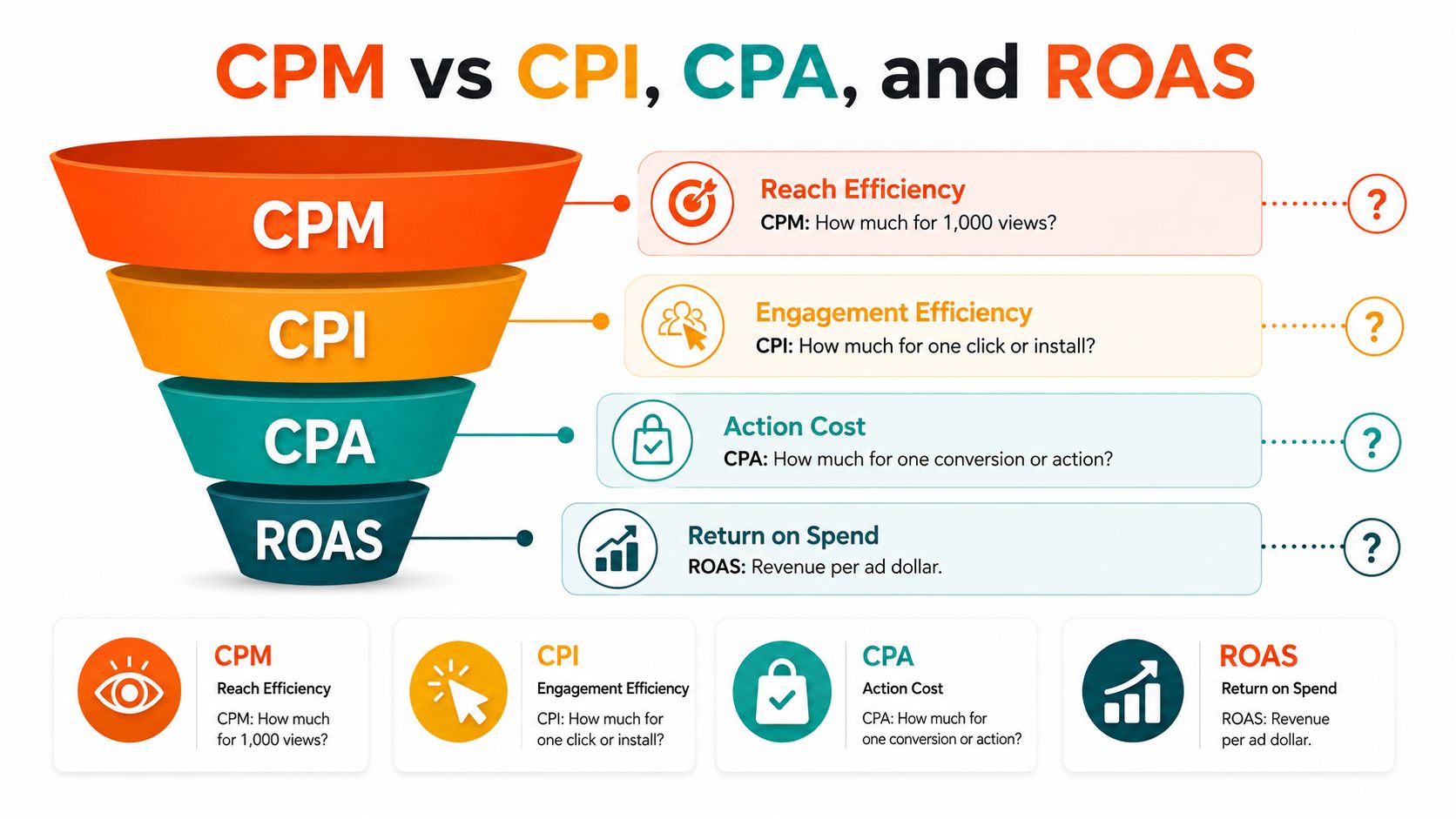 A marketing funnel infographic explaining the differences between CPM, CPI, CPA, and ROAS performance metrics.