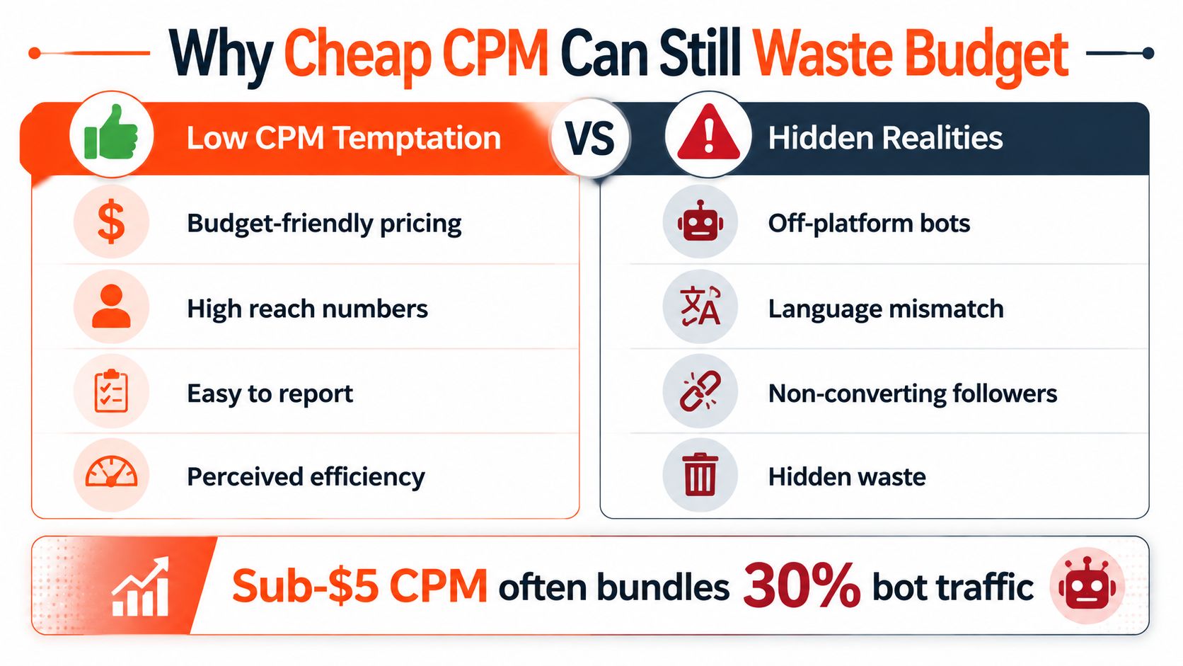 An infographic showing why cheap CPM marketing often wastes budget due to bot traffic and poor conversion.