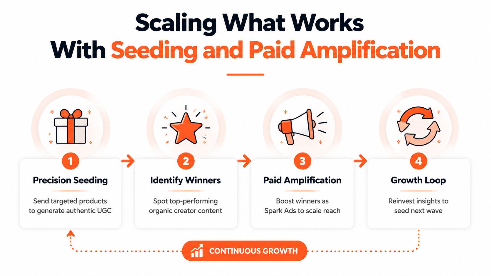 A four-step infographic illustrating a continuous growth loop for influencer marketing through seeding and paid amplification.
