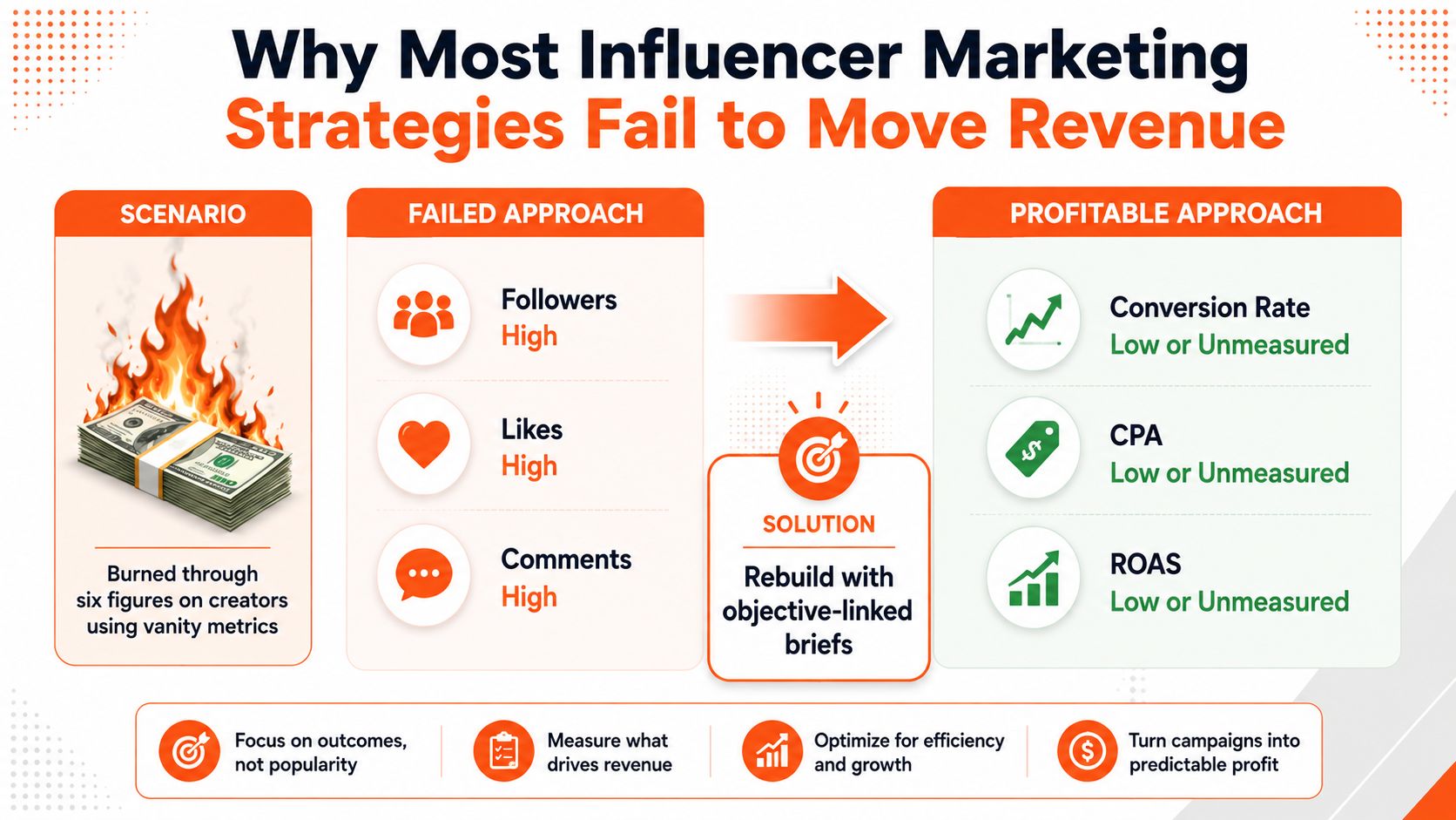 An infographic illustrating why influencer marketing fails when focusing on vanity metrics rather than revenue objectives.