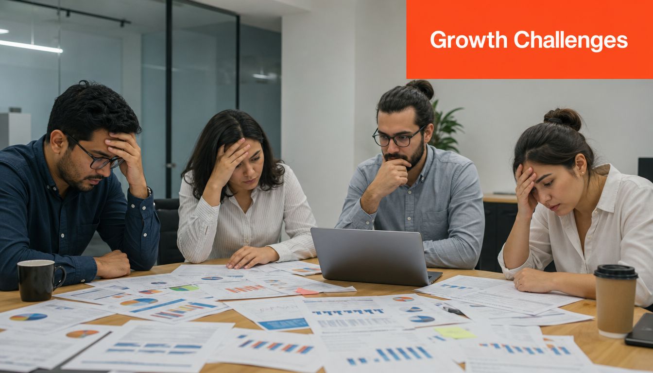 A team of four stressed professionals reviewing business performance data in a modern office meeting room.