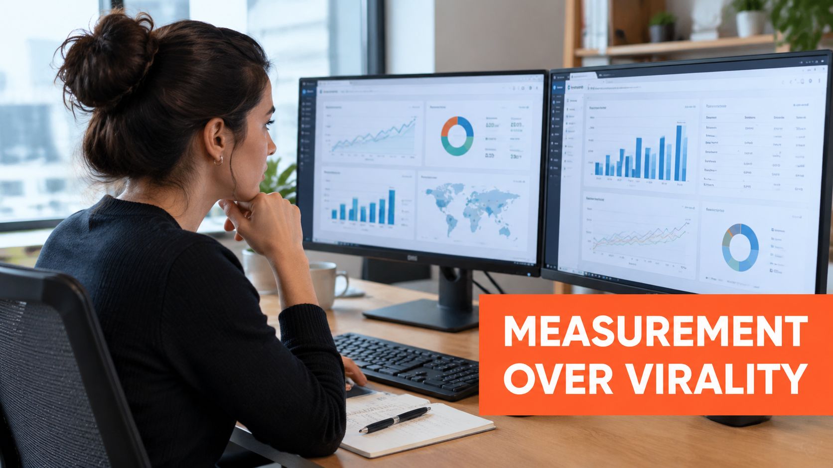 A professional woman analyzes data dashboards on two monitors, emphasizing analytics over social media viral trends.