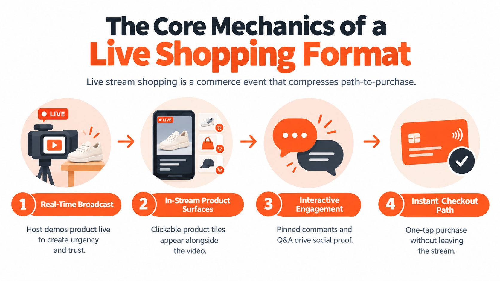 An infographic illustrating the four core mechanics of a live shopping format for ecommerce brands.