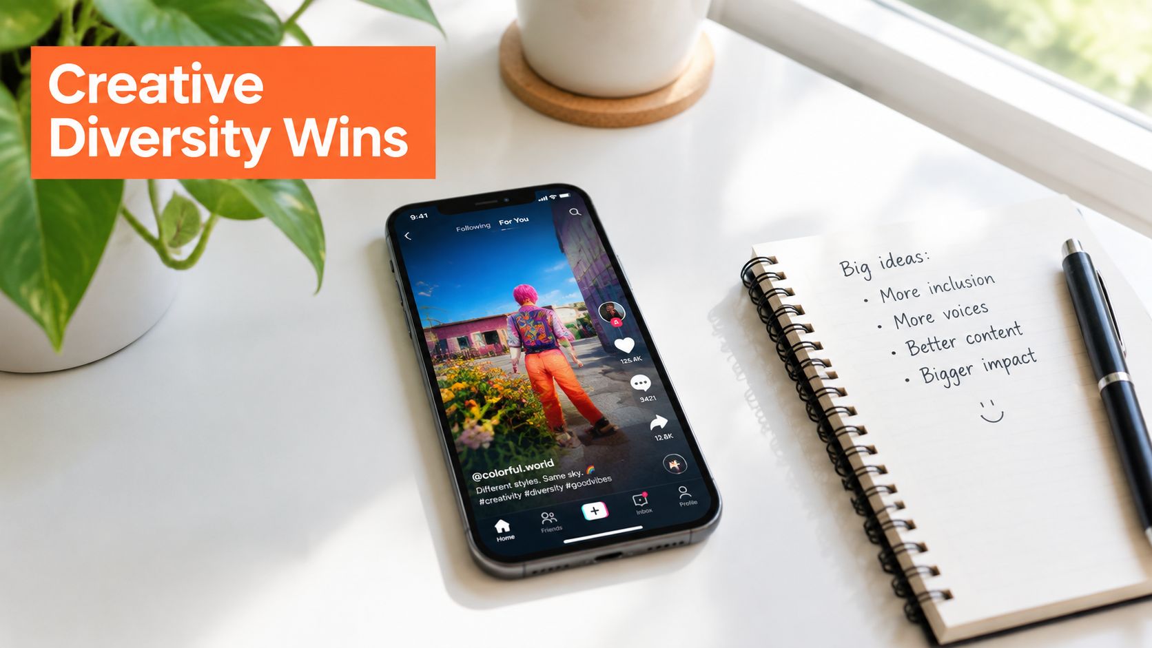 A smartphone displaying a TikTok feed next to a notepad featuring a list of business strategy ideas.