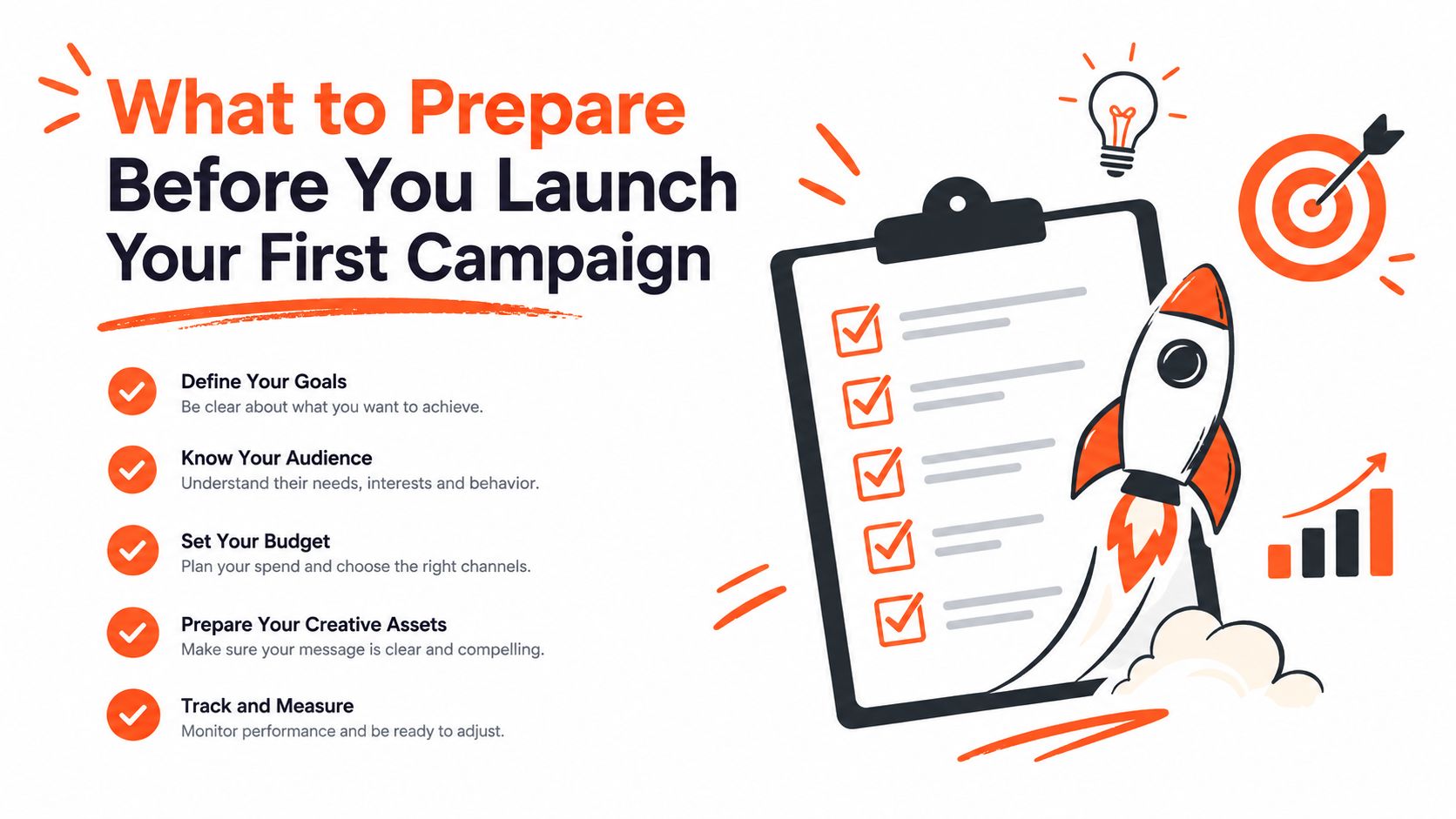 An infographic checklist outlining five essential steps to prepare for your first digital marketing campaign launch.