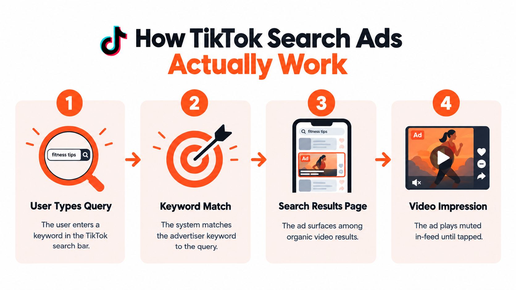 A four-step infographic illustrating how TikTok search ads function, from user keyword entry to video impression.