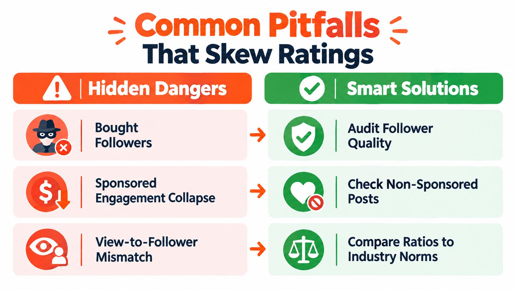 An infographic showing common influencer rating pitfalls compared with smart solutions to improve engagement data accuracy.